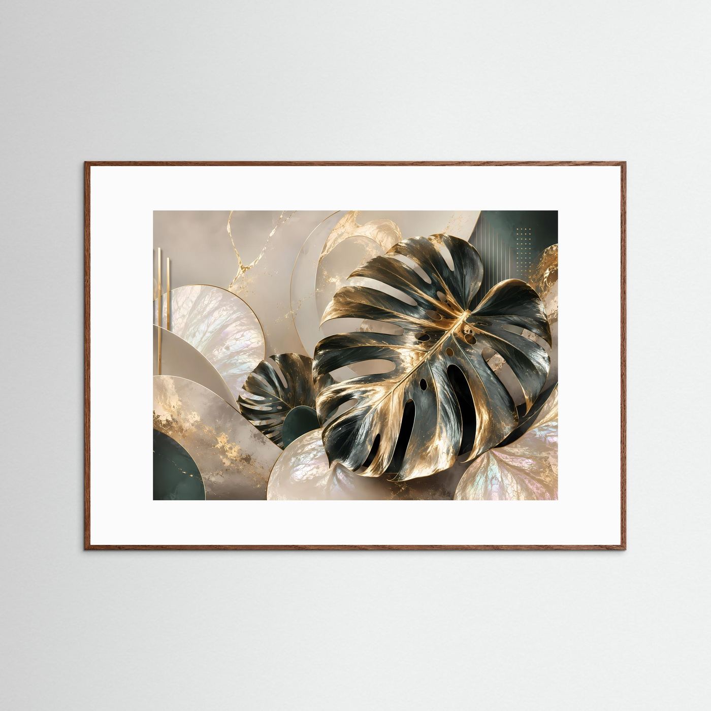 Poster mit goldenen Monstera-Blättern auf cremefarbenem Hintergrund, brauner Rahmen, Querformat