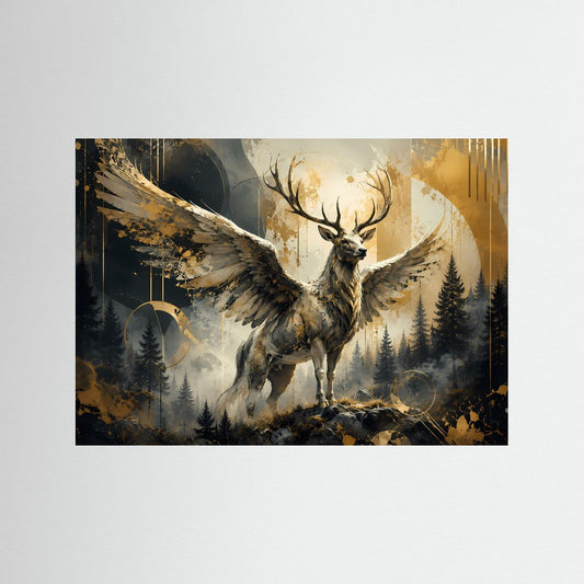 Fantasy-Poster mit mystischem geflügeltem Hirsch im Wald, schwarz-goldene Illustration