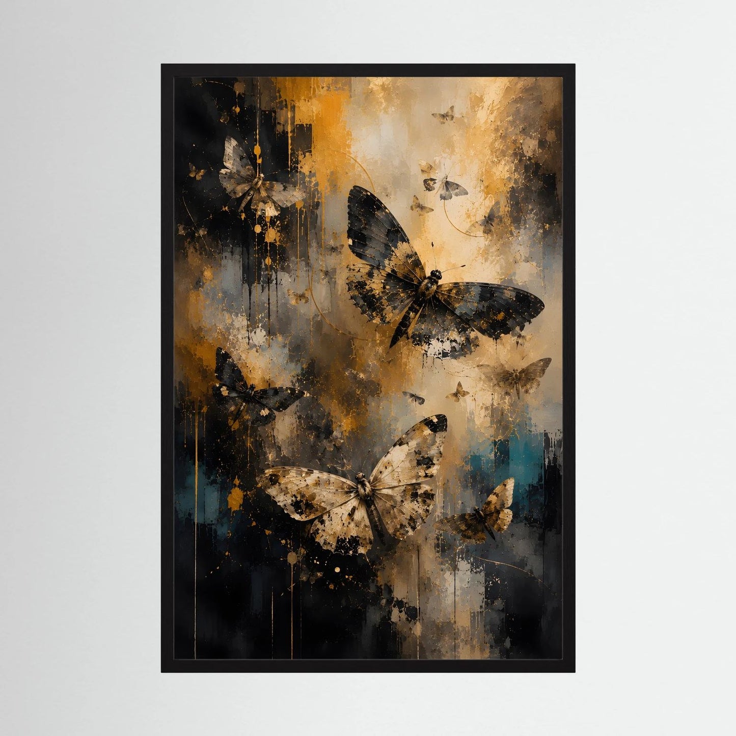 Wandbild mit abstrakten Schmetterlingen, schwarzer Rahmen, Farben Schwarz, Gold und Blau