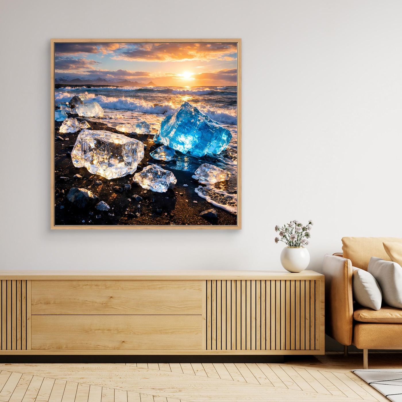 Leinwandbild mit Eisschollen am Strand, Sonnenuntergang, rechteckig, Holzrahmen