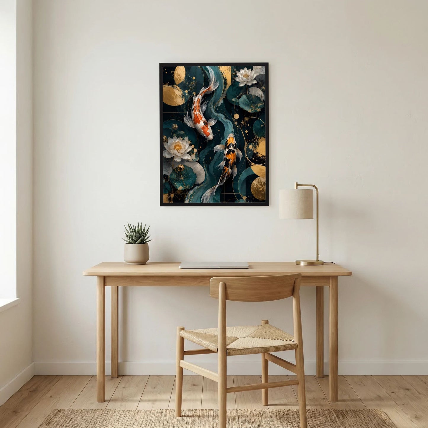 Gerahmtes Poster an der Wand mit Koi-Fischen und Lotusblüten in Petrol & Gold