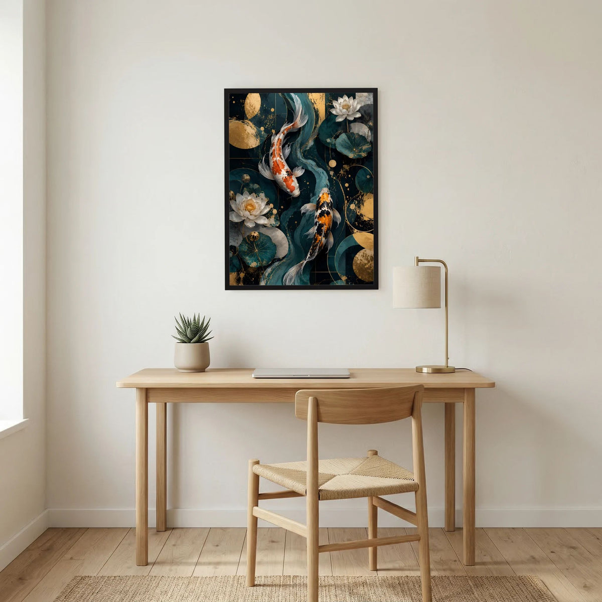 Gerahmtes Poster an der Wand mit Koi-Fischen und Lotusblüten in Petrol & Gold