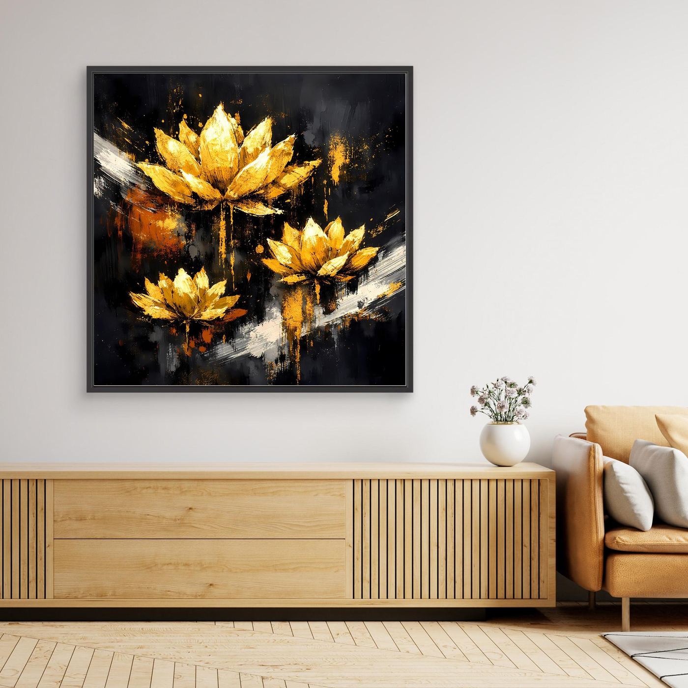 Leinwand Edle Lotusblüten in Gold und Schwarz | Modernes Florales Luxus Wandbild