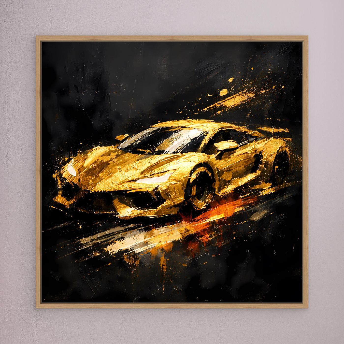 Leinwand Goldener Sportwagen Abstrakt | Modernes Rennwagen Wandbild Schwarz Gold