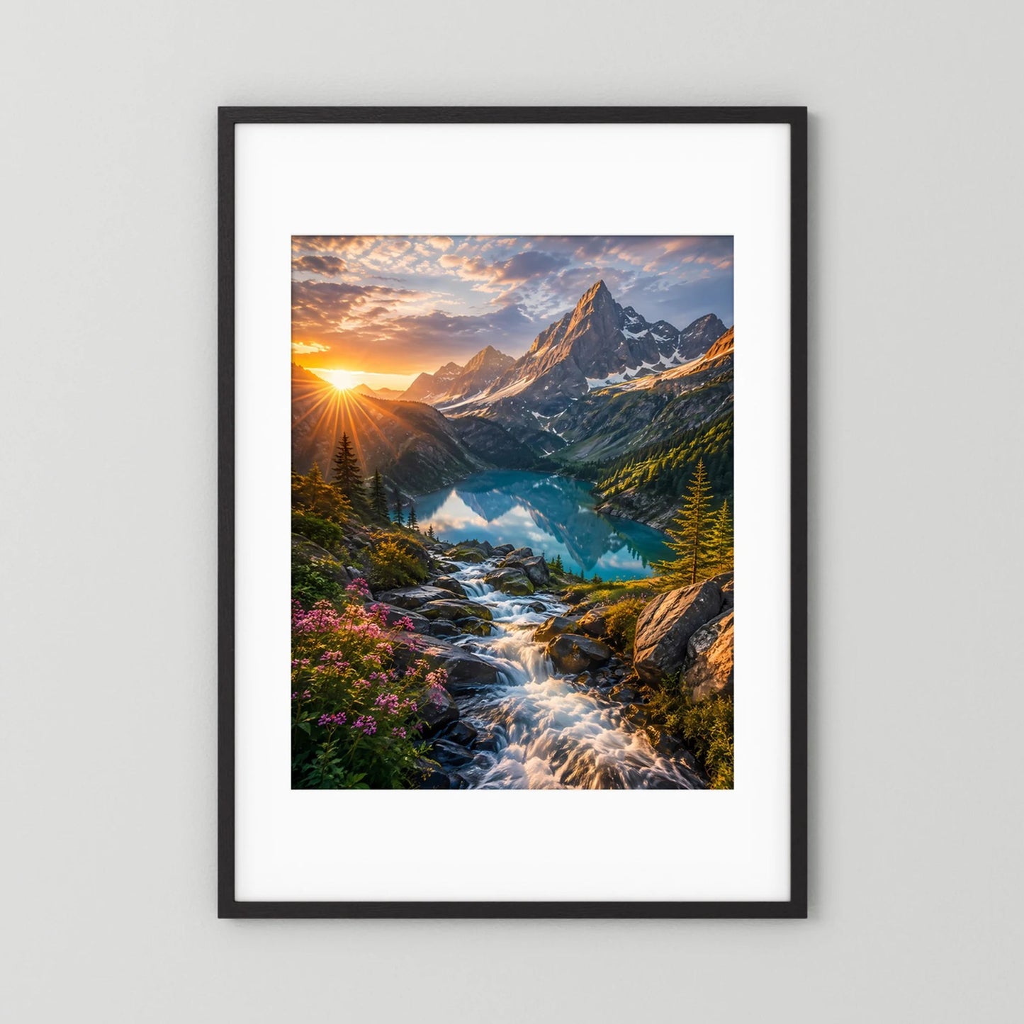 Vertikales Poster mit Berglandschaft, türkisfarbenem See und Wasserfall, schwarzer Rahmen mit weißem Rand