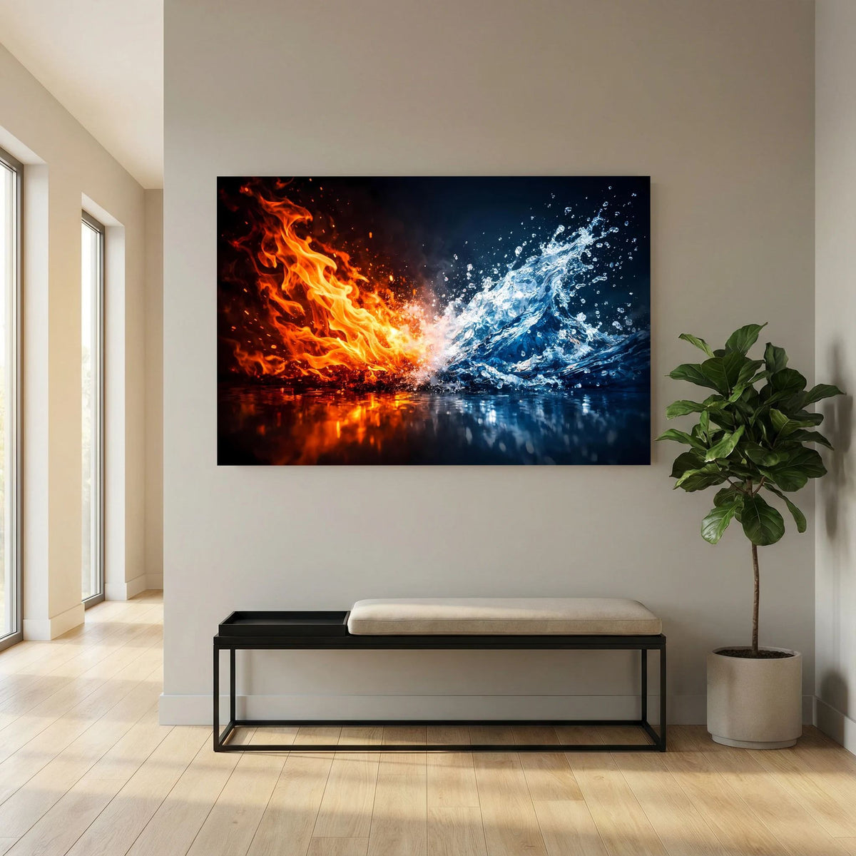 Querformatiges Kunstposter mit abstraktem Feuer-und-Wasser-Motiv, rot-orange und blau