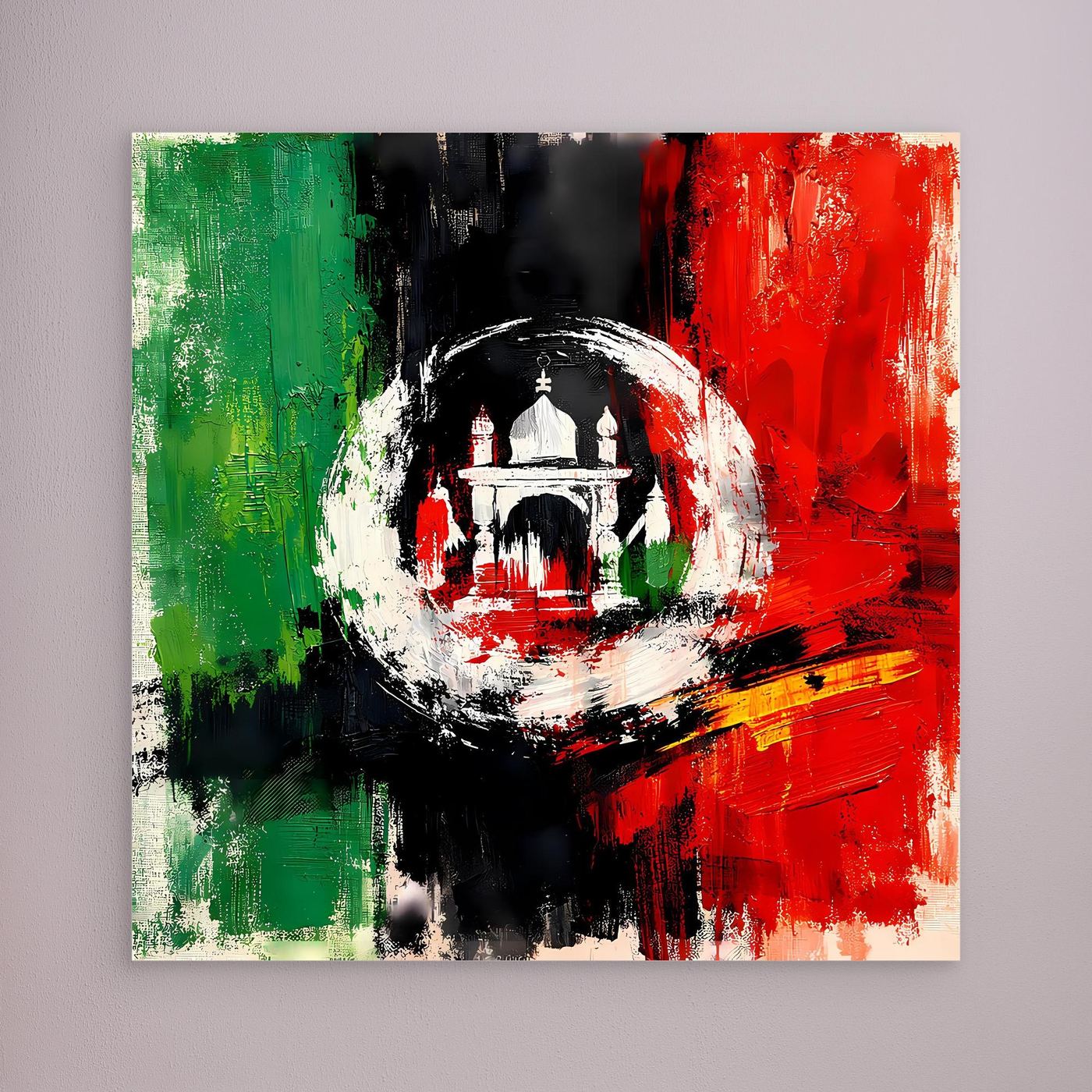 Canvas wall art with abstract Afghanistan flag colors and central emblem circle