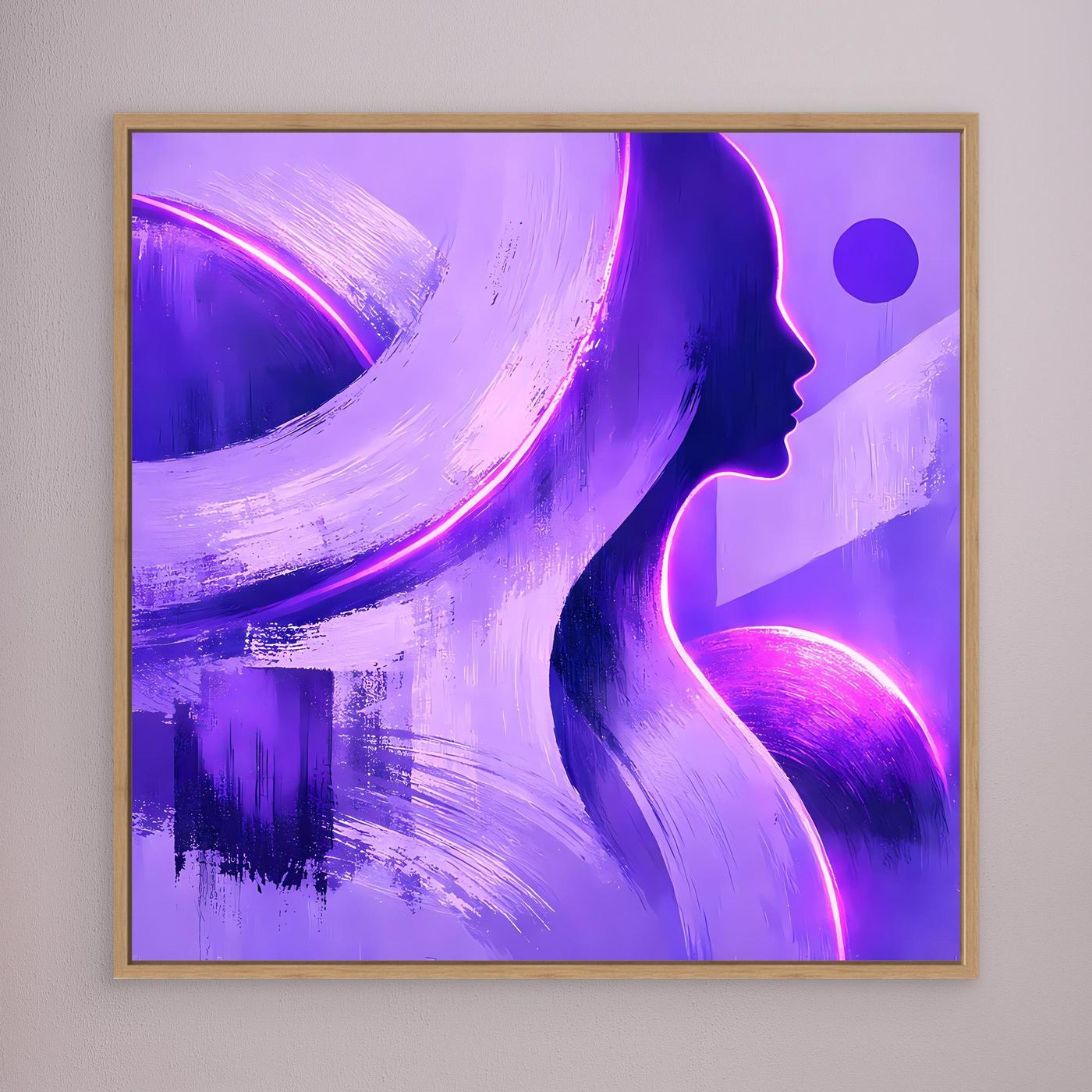 Leinwandbild mit abstrakter Frauen-Silhouette, lila Neon-Linien, Holzrahmen