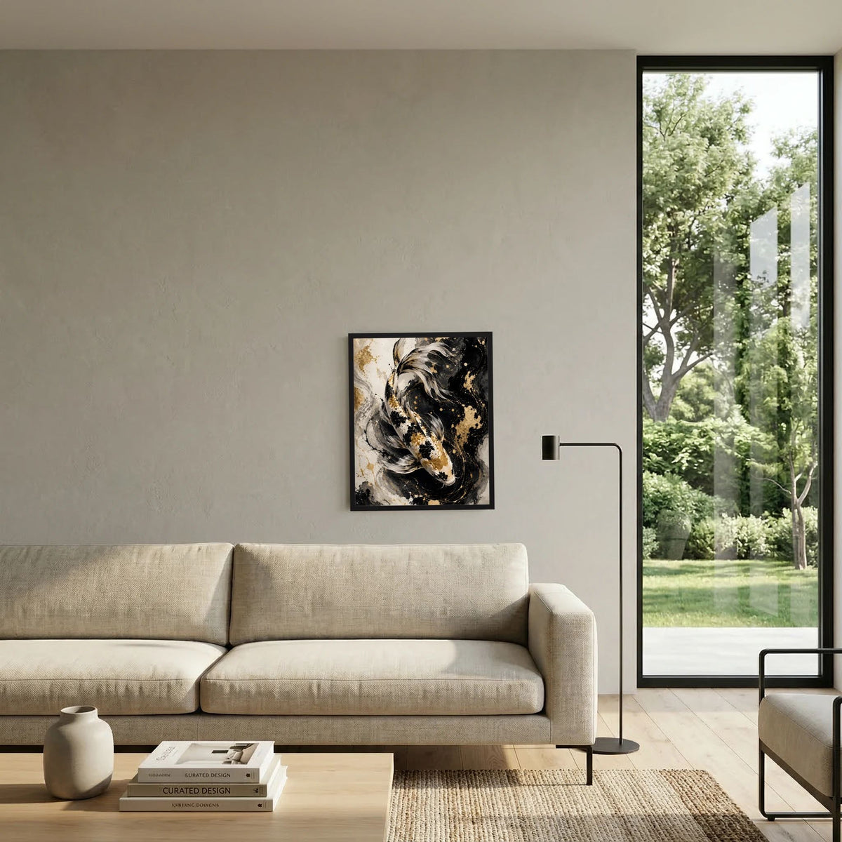Koi-Wandposter im schwarzen Rahmen mit abstraktem Koi-Fischmotiv, schwarz, weiß, gold