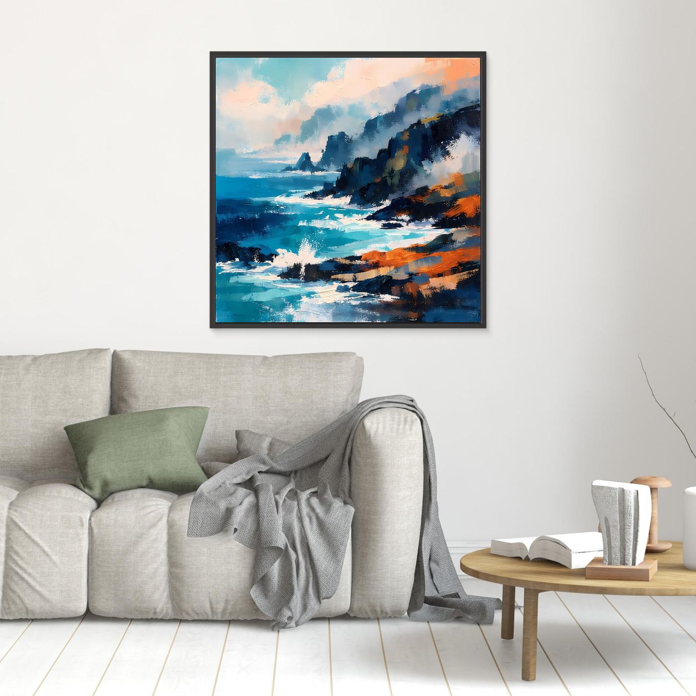 Abstraktes Leinwand-Wandbild mit Ozean und Klippen, türkis-blau/orange, schwarzer Rahmen