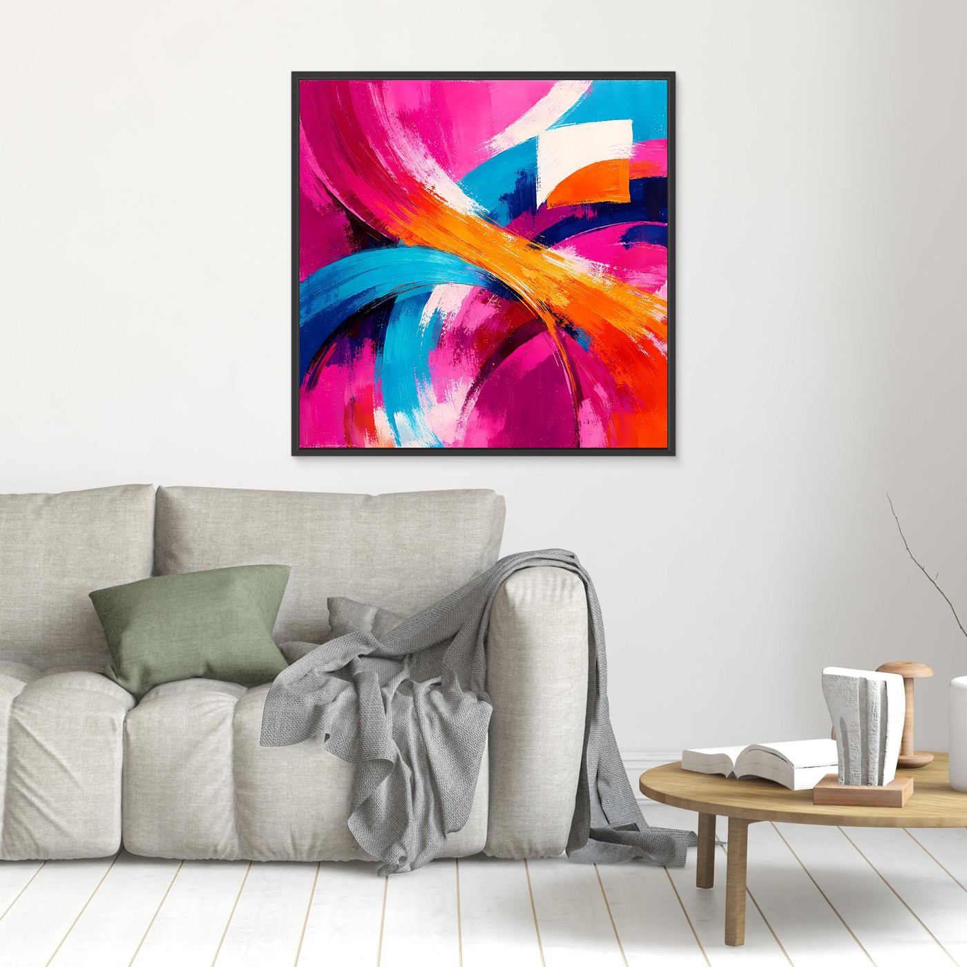 Quadratisches abstraktes Wandbild: magenta, blau, orange, türkisfarbene Bögen, schwarzer Rahmen