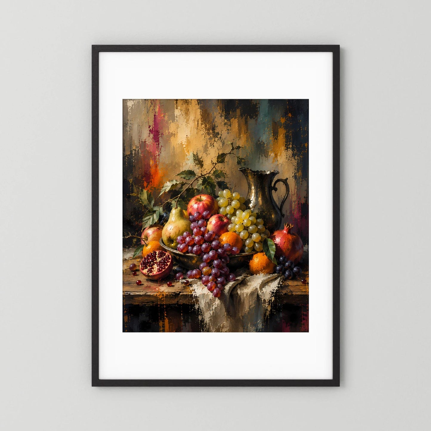 Kunstposter im Hochformat mit schwarzem Rahmen und weißem Rand: Trauben-Stillleben