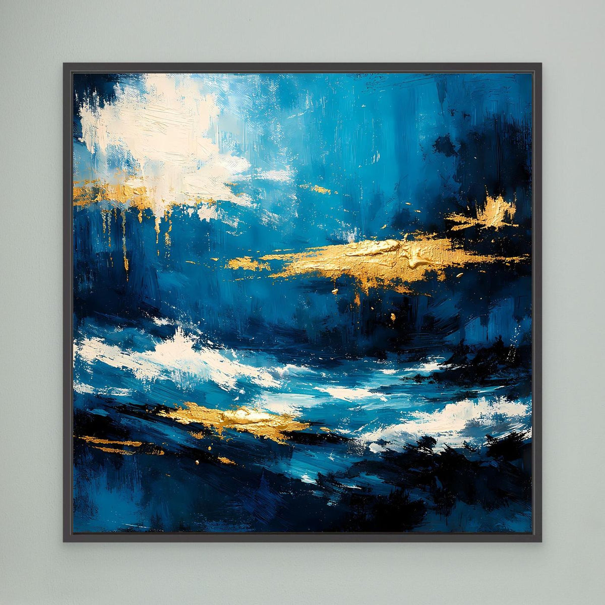 Leinwandbild mit abstrakten Meereswellen in Blau und Gold, weißer Schaum, dunkler Rahmen.