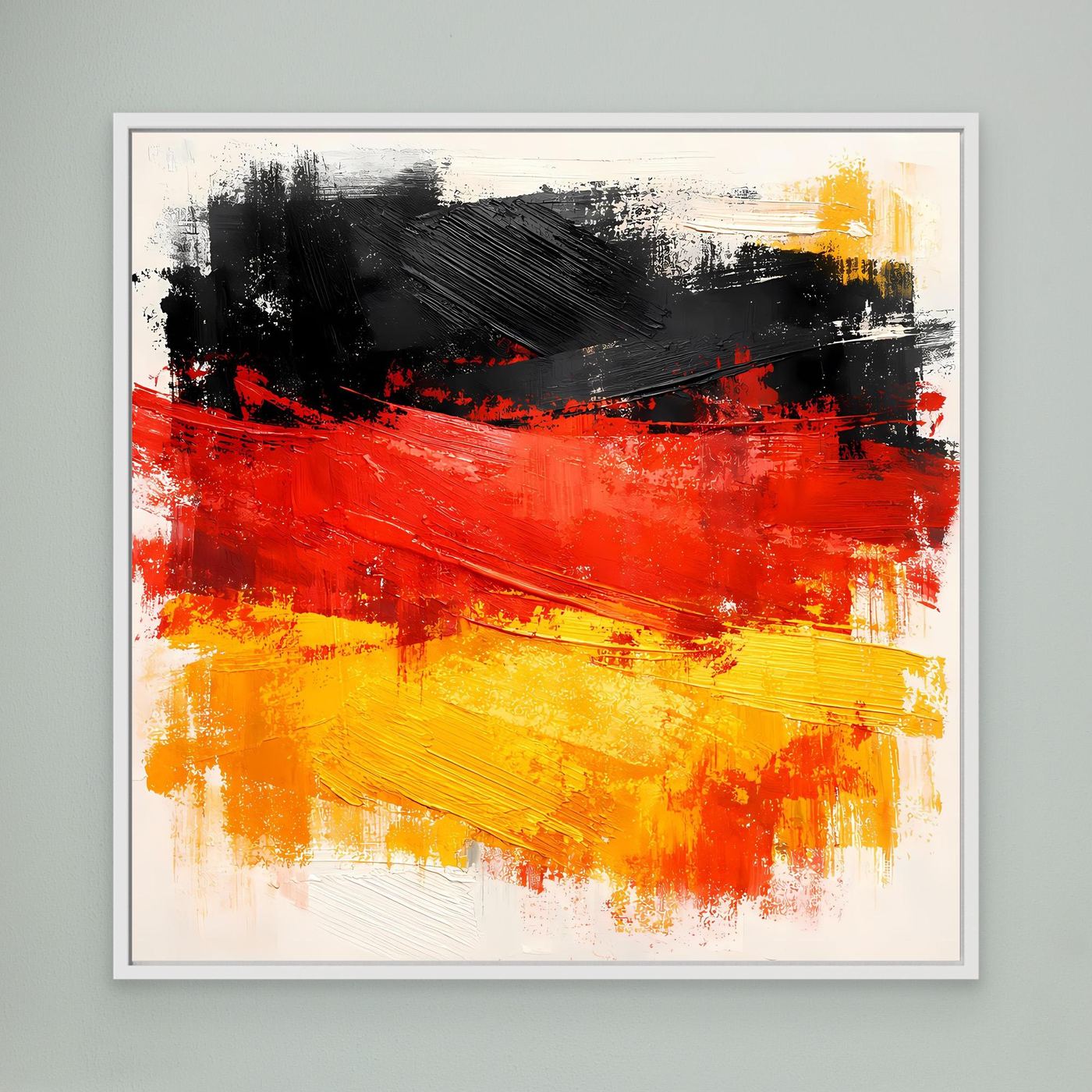 Abstract canvas wall art with bold black, red, and yellow brushstrokes in a white frame
