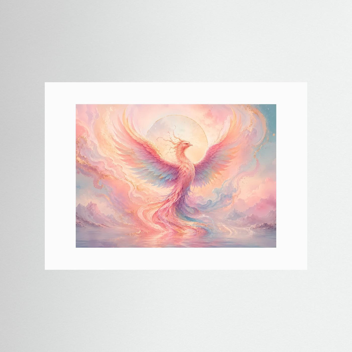 Phönix Poster Pastell | Mystischer Feuervogel Wandkunst | Abstrakte Fantasy Kunst | Elegantes Wandbild in Rosa & Gold