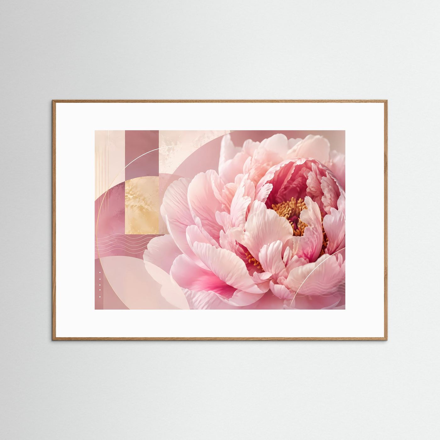 Querformat-Poster mit pastellrosa Pfingstrose im floralen Motiv, brauner Holzrahmen