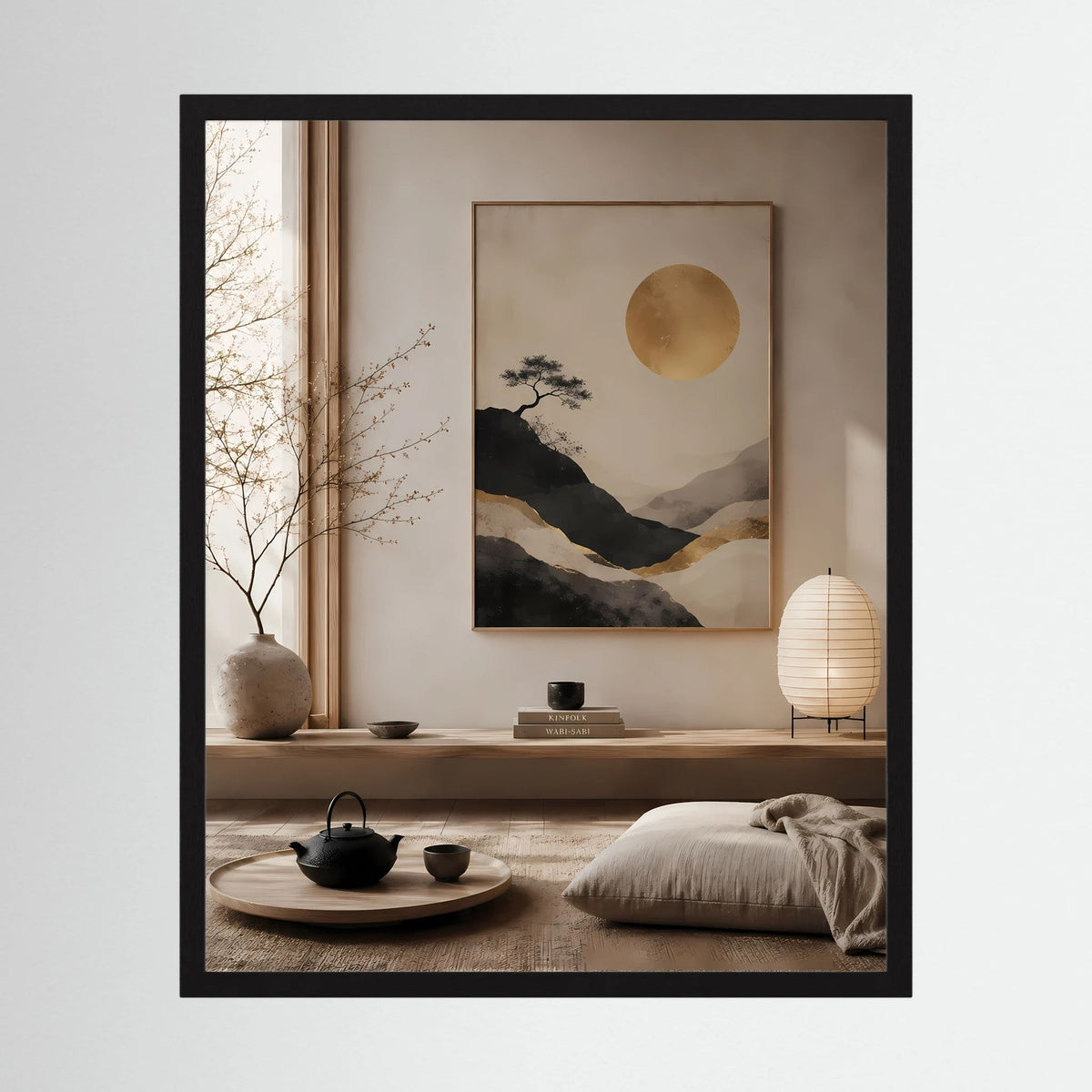 Poster im Hochformat mit goldener Sonne, Berglandschaft und Baum im schwarzen Rahmen
