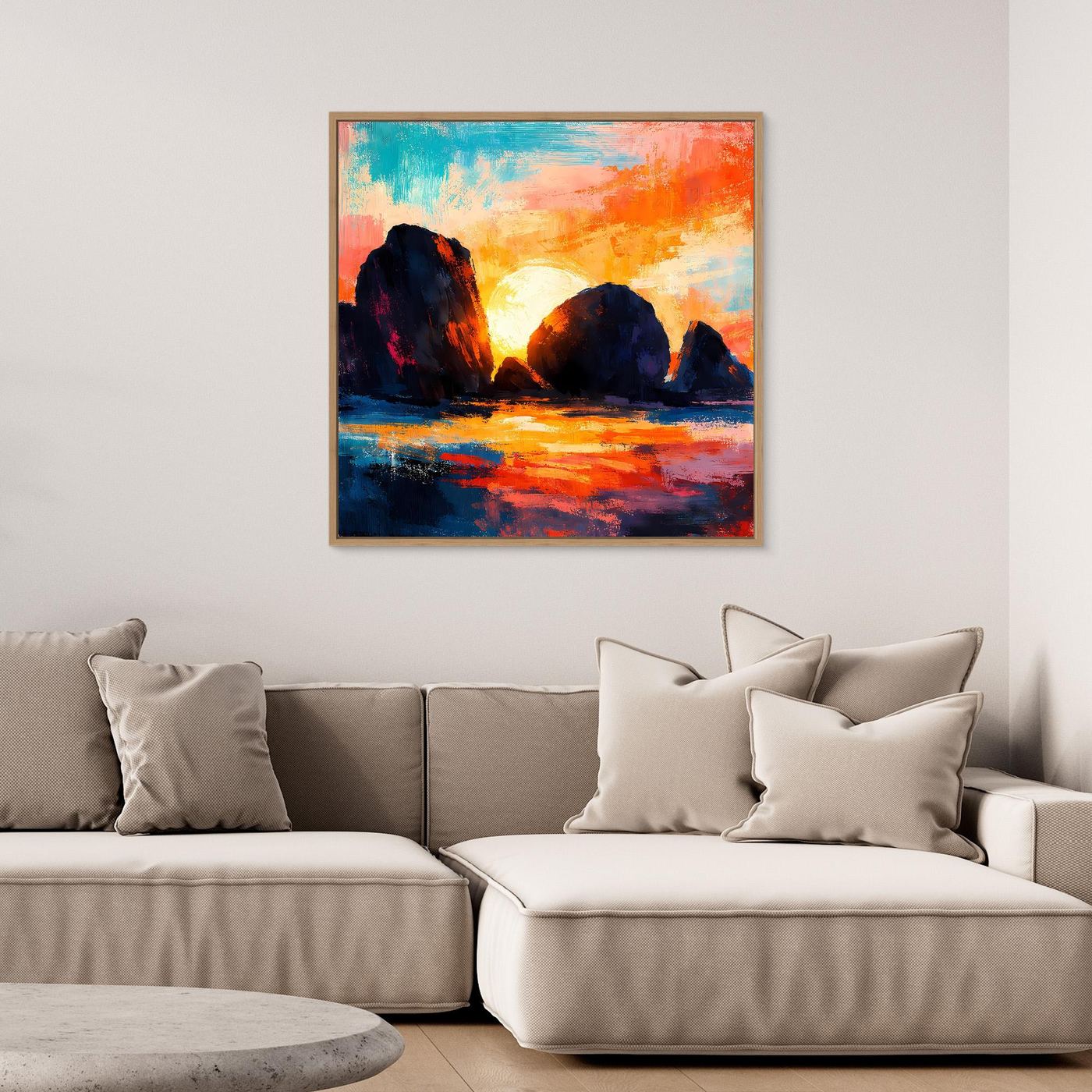 Abstraktes Leinwand-Wandbild mit Sonnenuntergang am Meer, mit hellem Rahmen