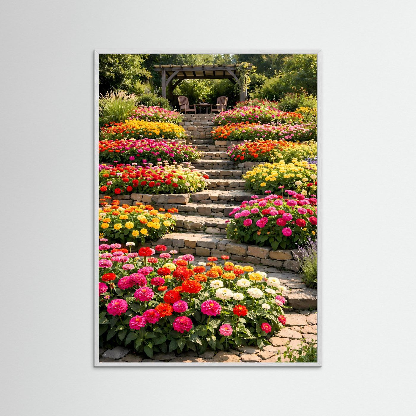 Hochkant-Garten-Poster mit bunten Blumenwiesen entlang der Steintreppe