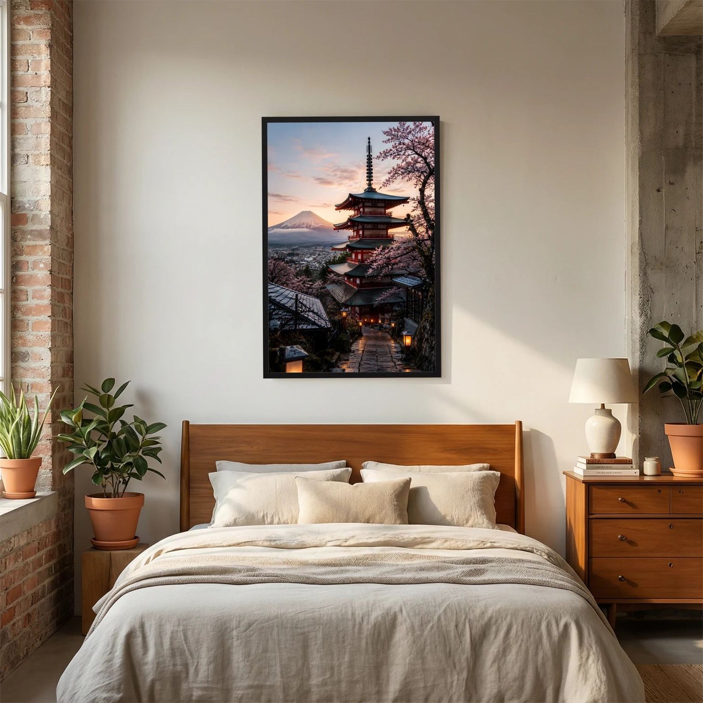 Japan-Pagode Poster im Hochformat mit Kirschblüten und Fuji im Abendlicht, schwarz gerahmt