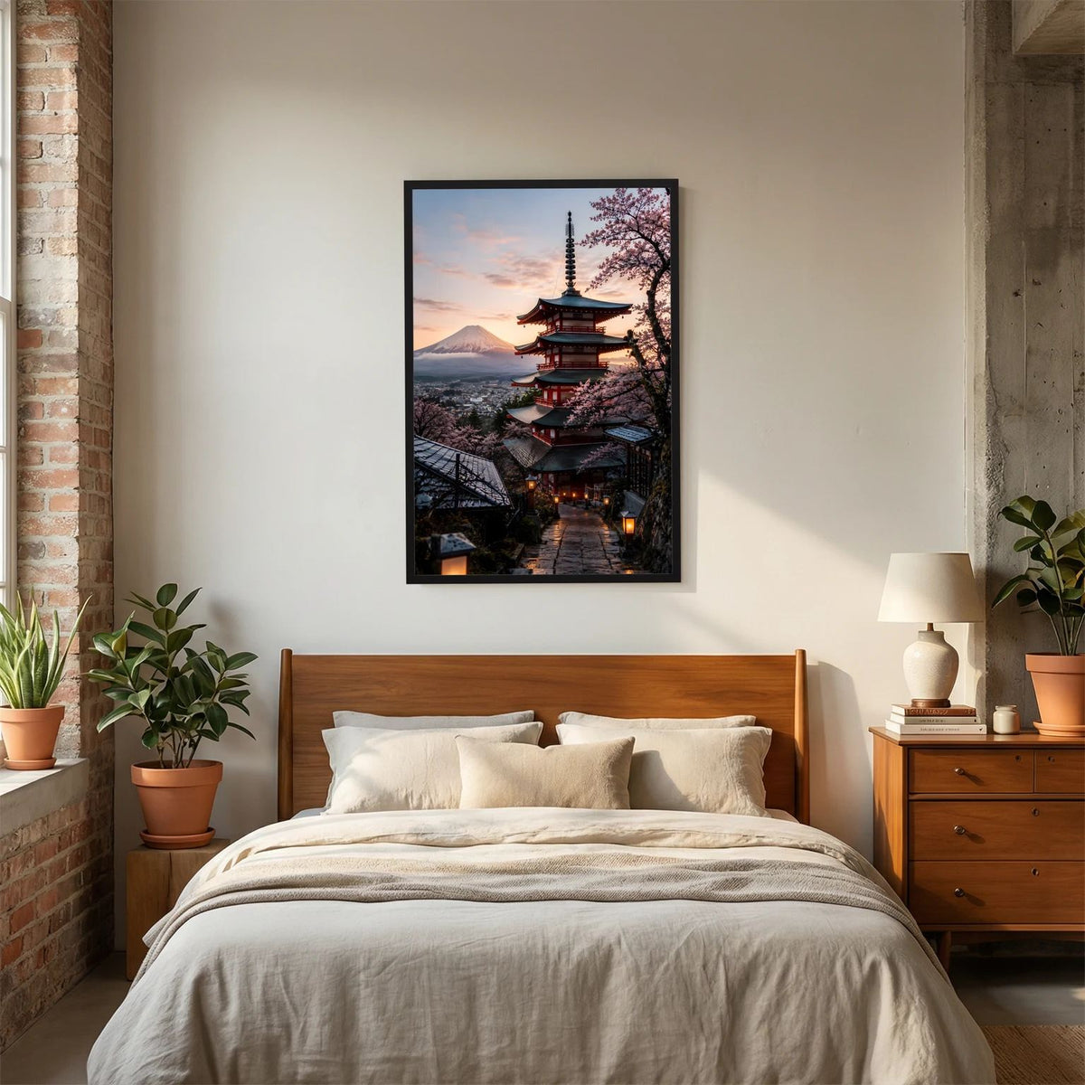Japan-Pagode Poster im Hochformat mit Kirschblüten und Fuji im Abendlicht, schwarz gerahmt