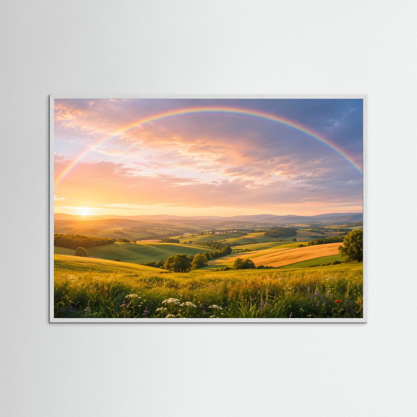 Querformat-Poster mit Regenbogenbogen über grünen Landschaftsflächen bei Sonnenuntergang, silberner Rahmen