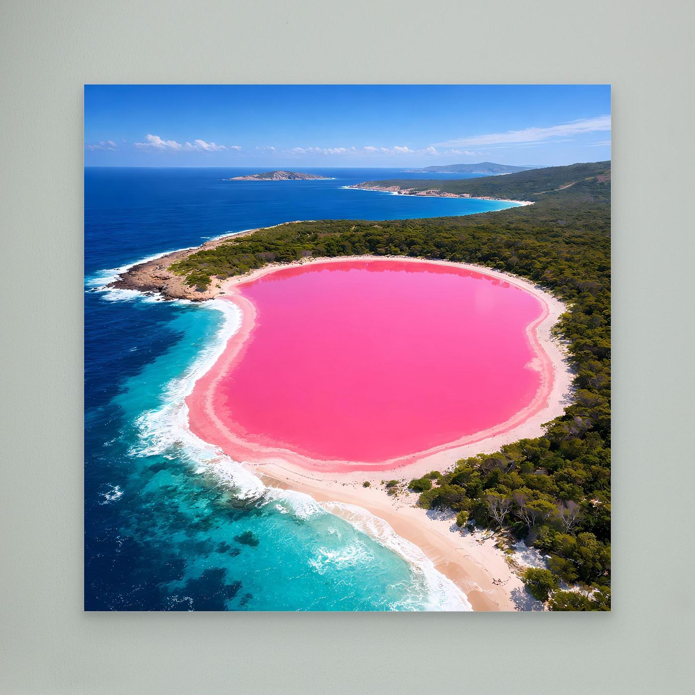 Leinwandbild mit rosa See und Küstenlinie, Luftaufnahme im Querformat
