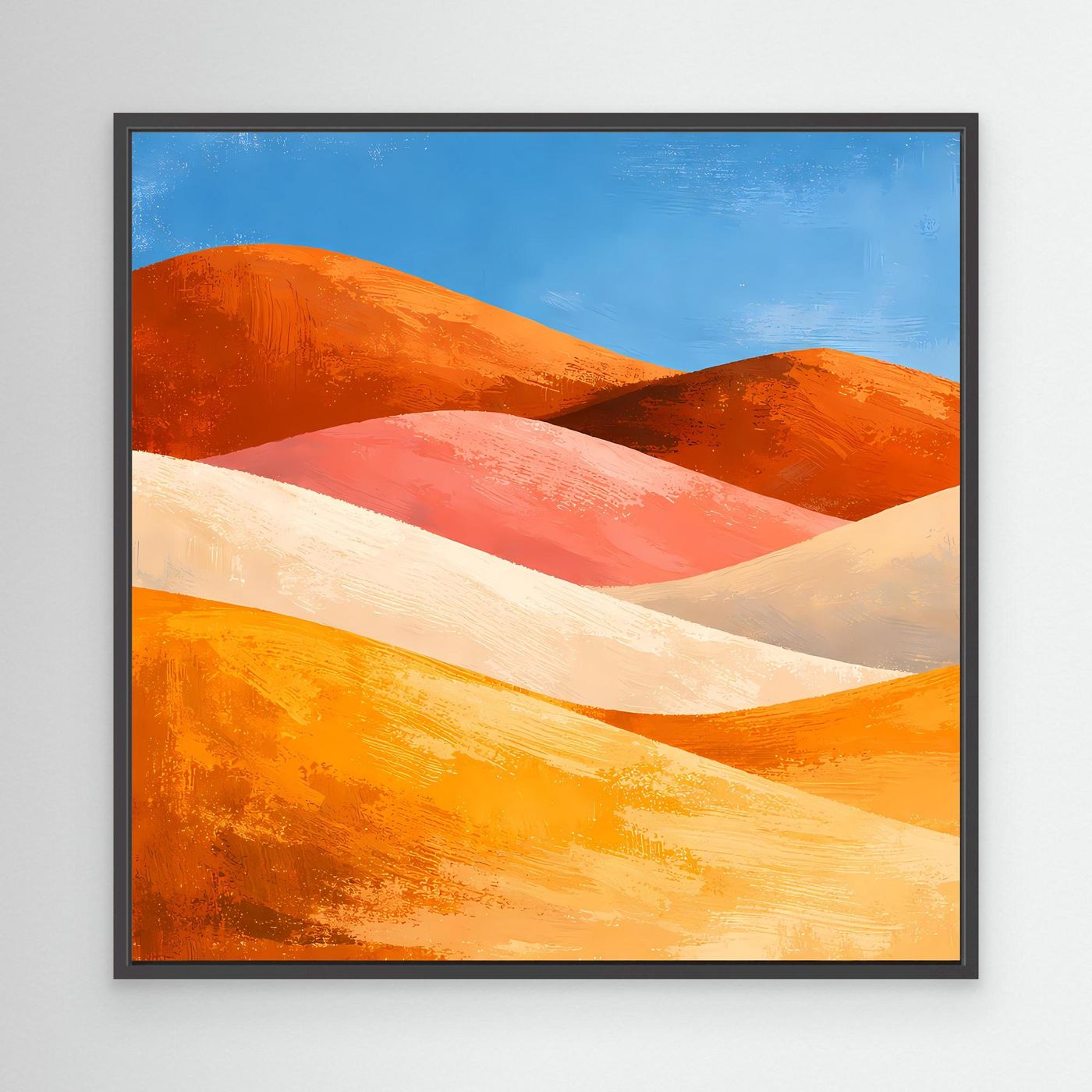 Leinwand-Wandbild mit schwarzem Rahmen und abstrakten Wüsten-Dünen in Orange und Beige