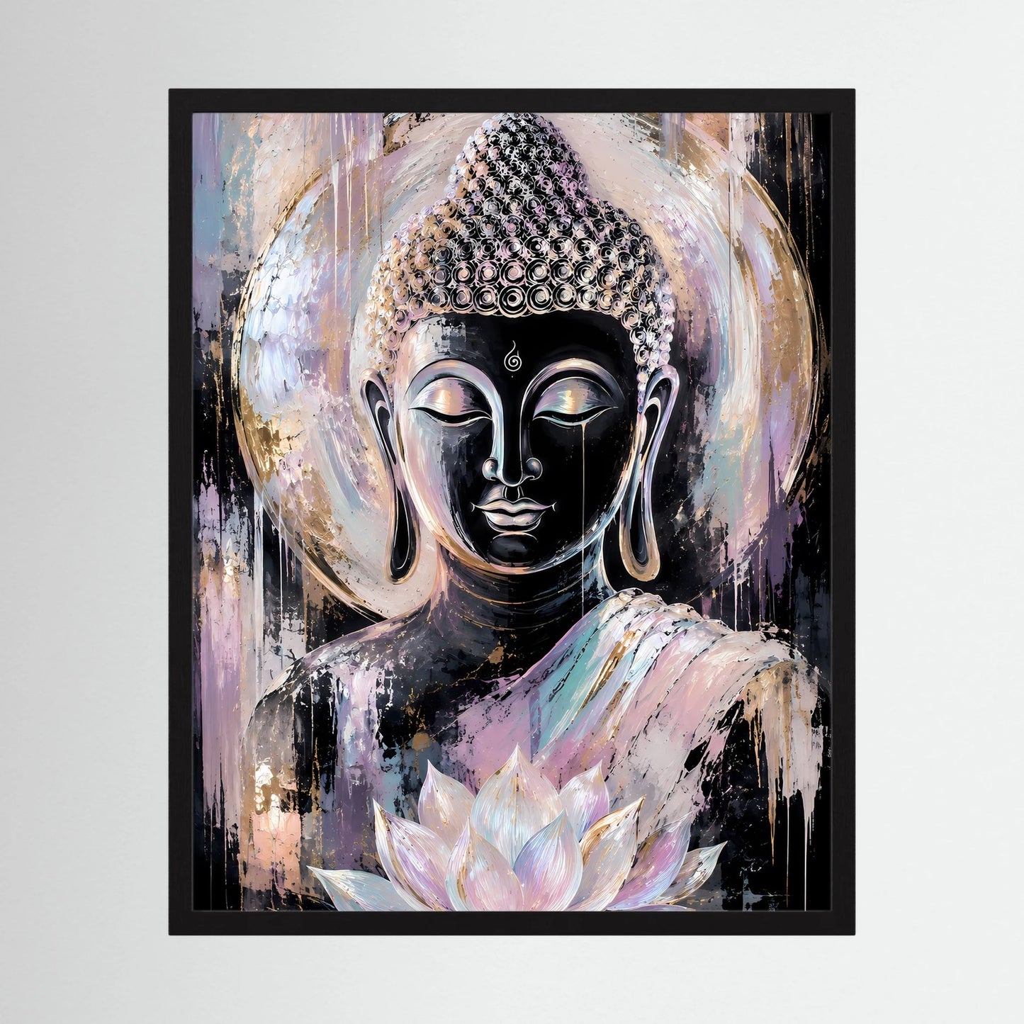 Gerahmtes Buddha-Kunstposter mit Lotusblüte in pastelligen Farbverläufen.