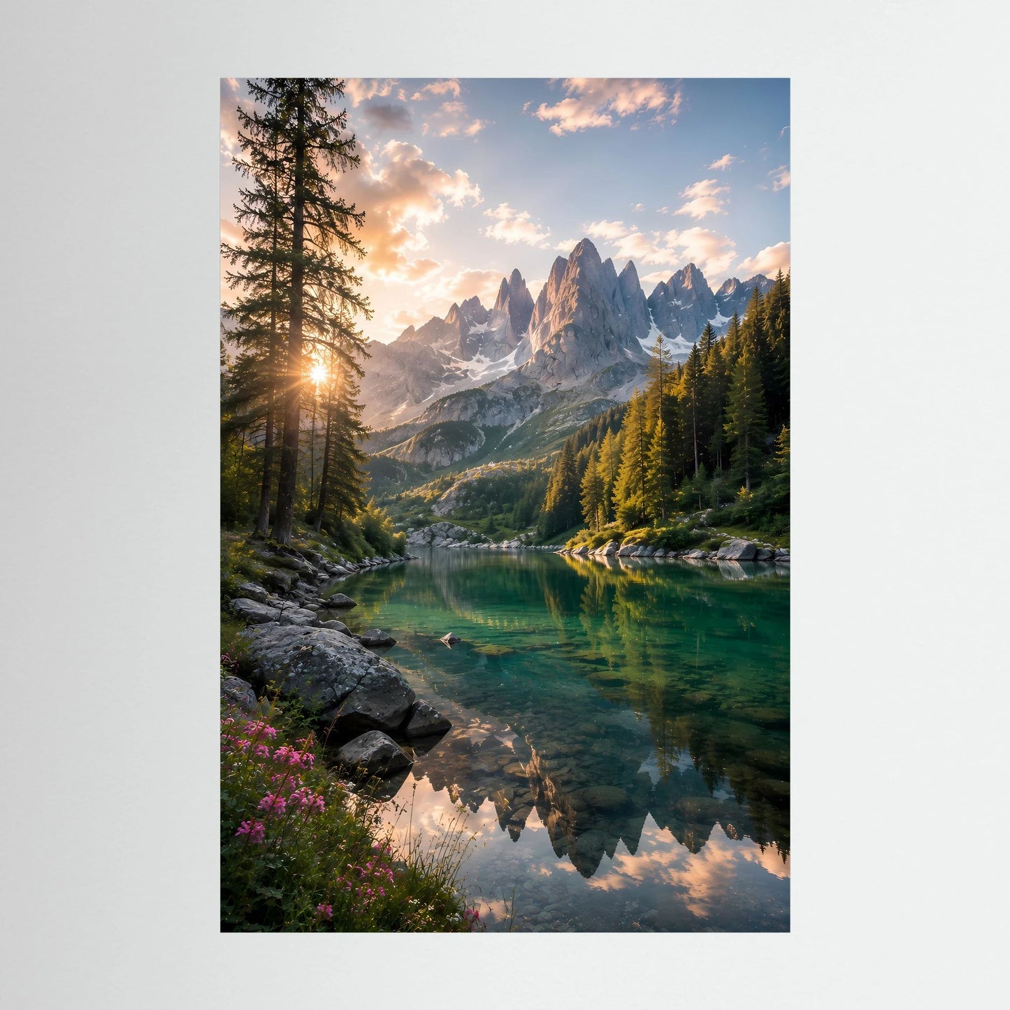 Bergsee im Sonnenuntergang | Alpenlandschaft mit Wald & Spiegelung | Poster Hochformat