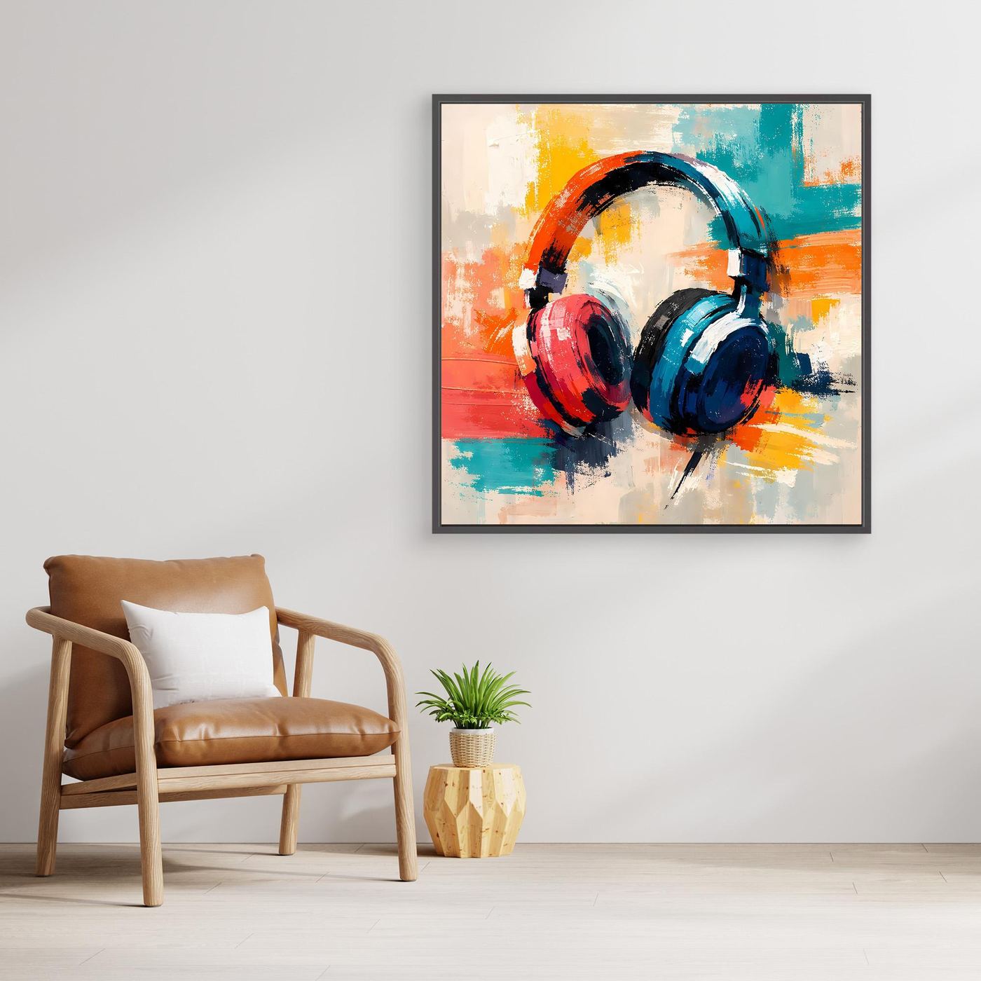 Framed abstract canvas wall art of DJ headphones in red, blue, and teal paint, dark frame