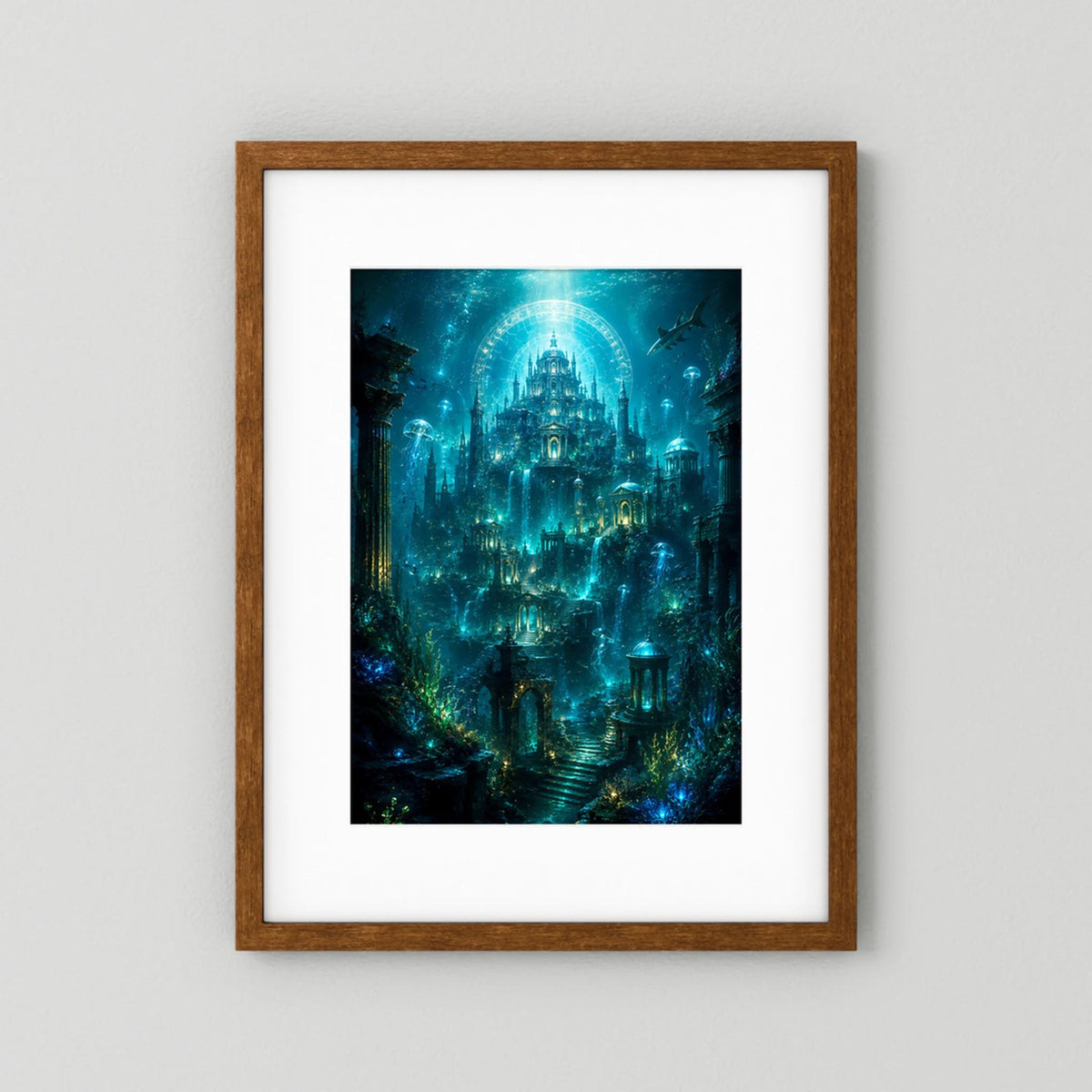 Poster mit dunkelbraunem Holzrahmen: Versunkener Tempel mit Quallen im Blaugrün