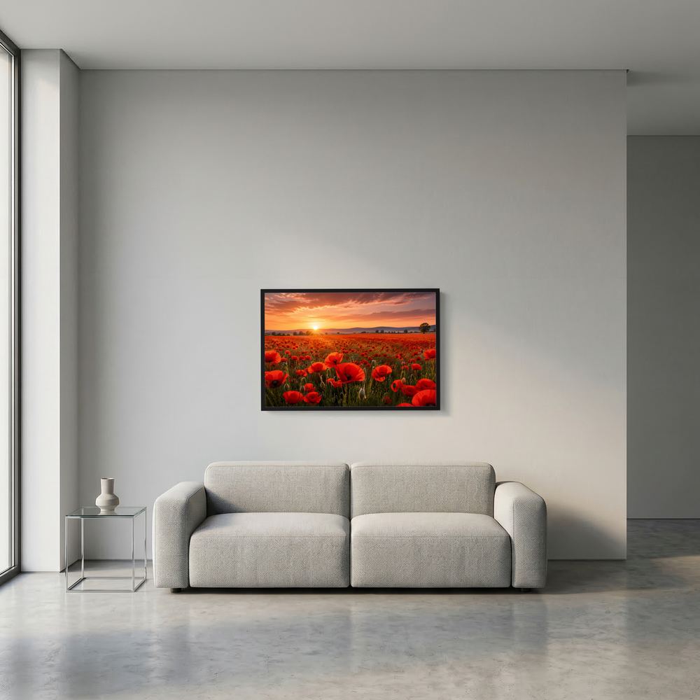 Kleines Poster mit rotem Mohnblumenfeld und Sonnenuntergang, schwarzer Rahmen