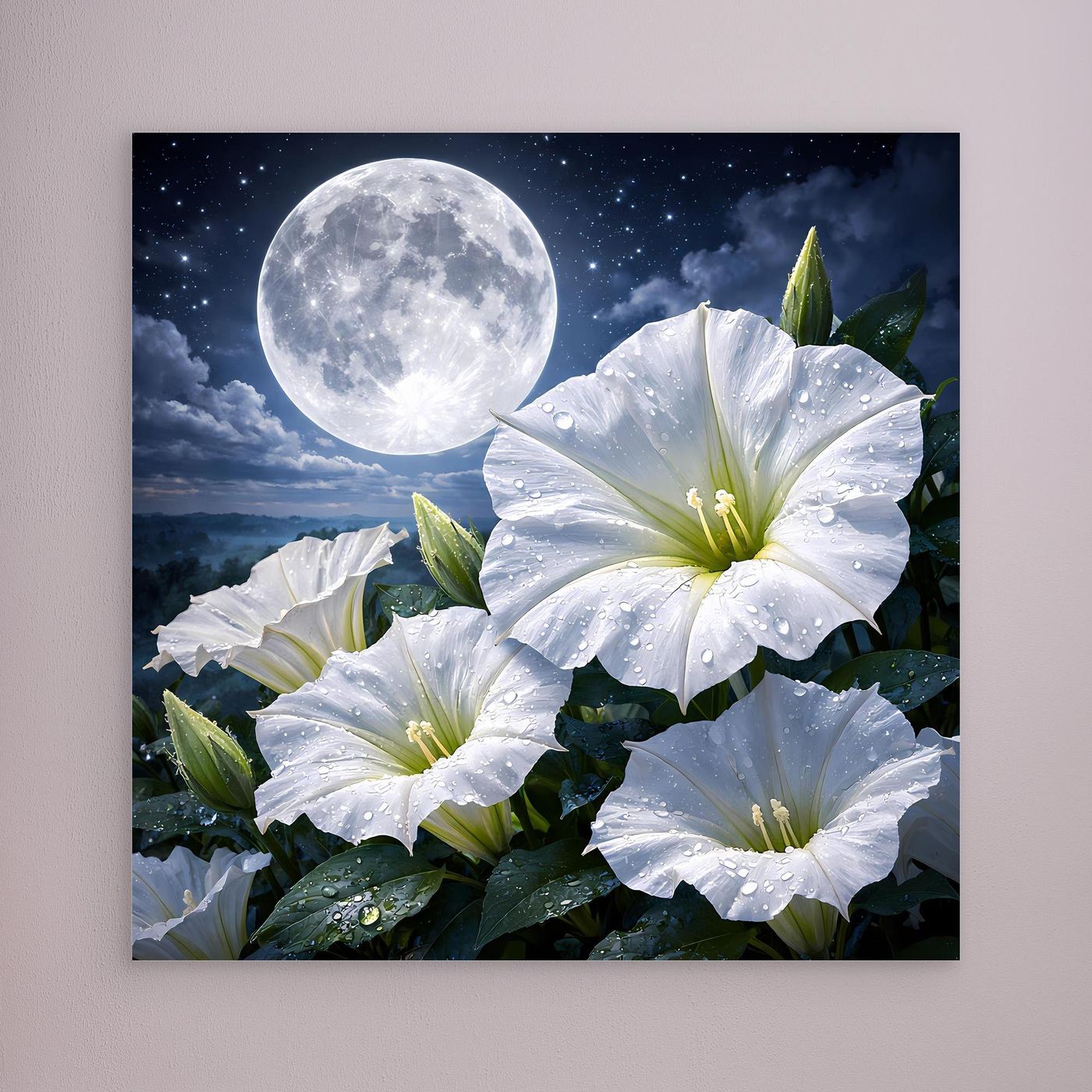 Leinwand-Wandbild mit weißen Blüten und hellem Mond, Rahmen nicht sichtbar