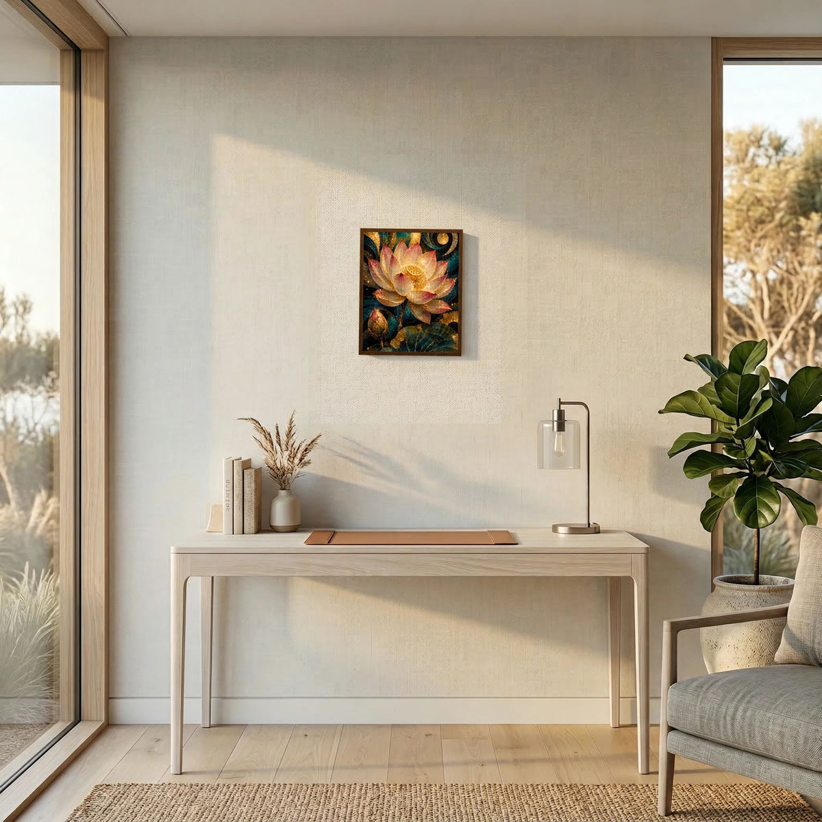 Gerahmtes Lotus-Poster mit goldener Blüte im Mosaik, heller Holzrahmen