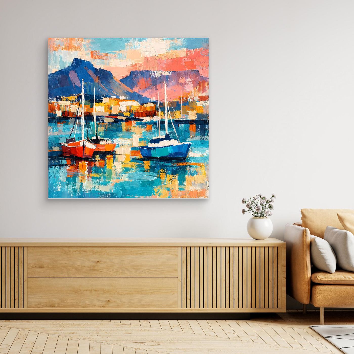 Abstraktes Leinwand-Wandbild mit Segelbooten im Hafen, blau-türkisem Wasser und Bergsilhouette