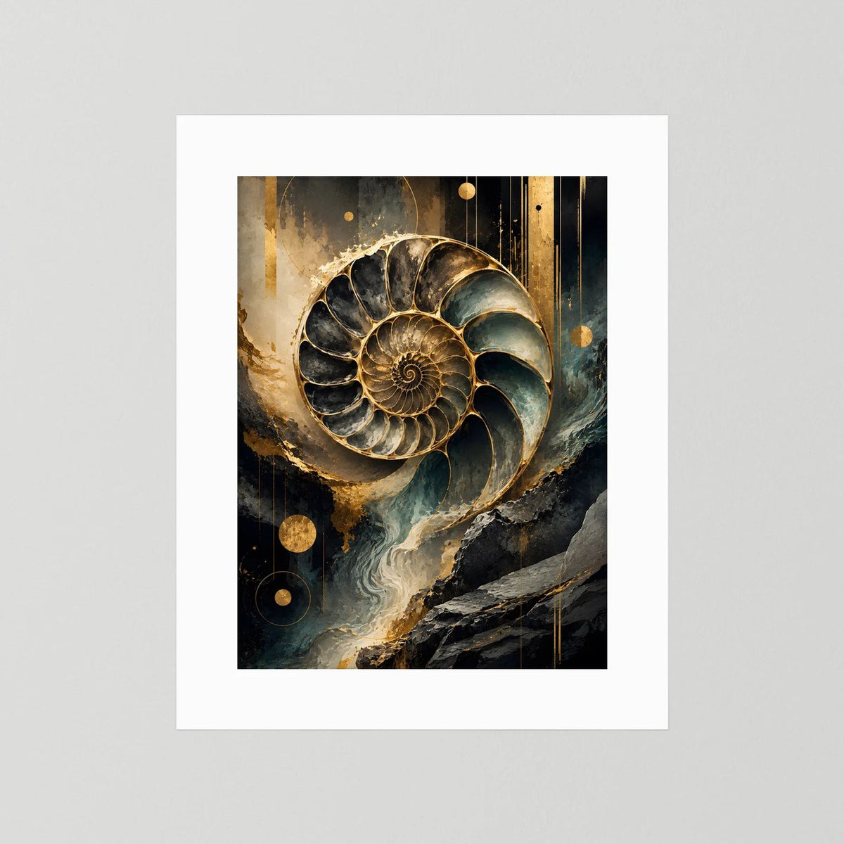 Poster im weißen Passepartout mit Ammonitenspirale, Goldtöne, Schwarz und Petrol