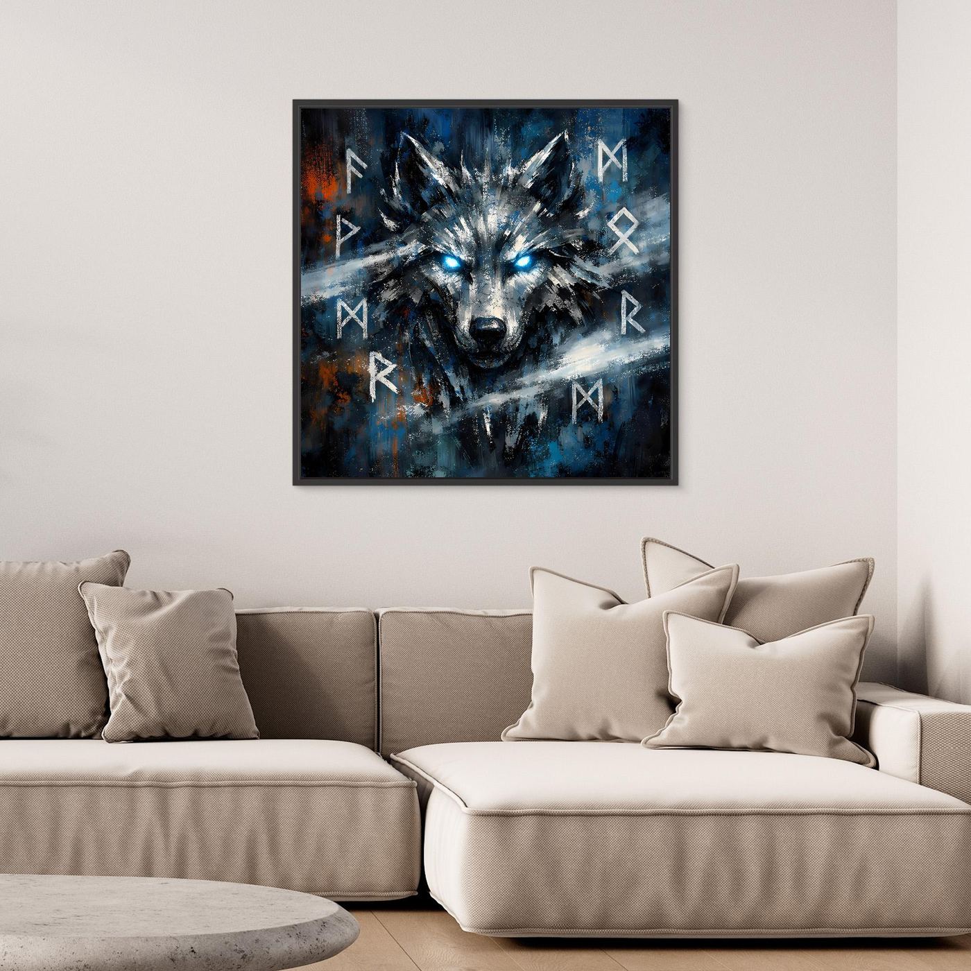 Wandbild mit nordischem Wolf in Blau-Schwarz, leuchtende Augen und Runen, schwarze Einfassung