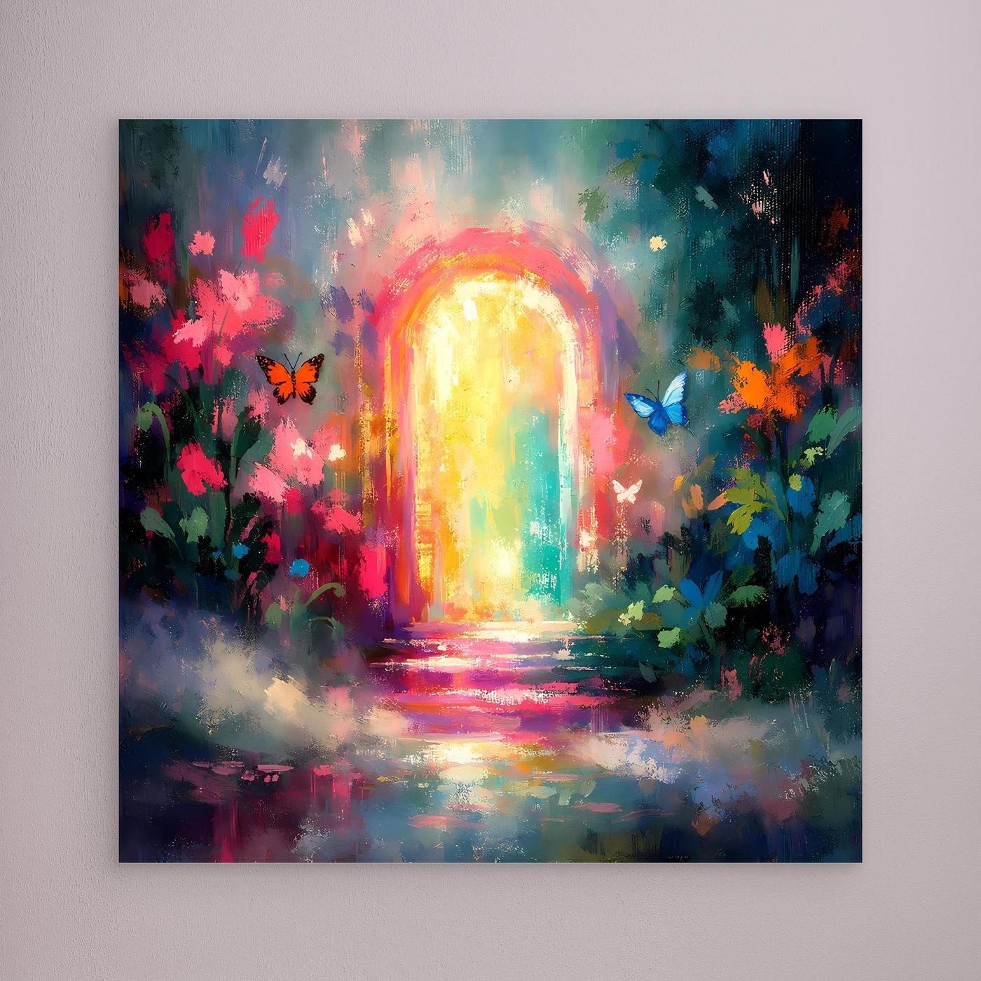 Leinwand-Wandbild mit leuchtendem Lichtbogen, Regenbogenfarben, Blumen und Schmetterlingen