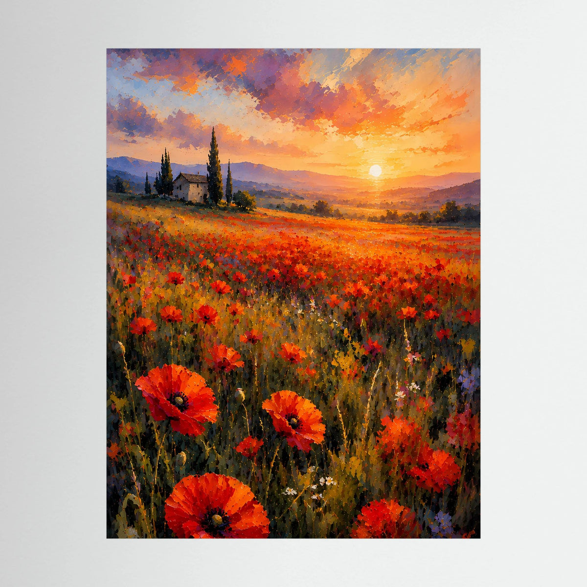Nahaufnahme: Hochformatiges Poster mit Mohnblumenfeld und Sonnenuntergang in Rot und Orange