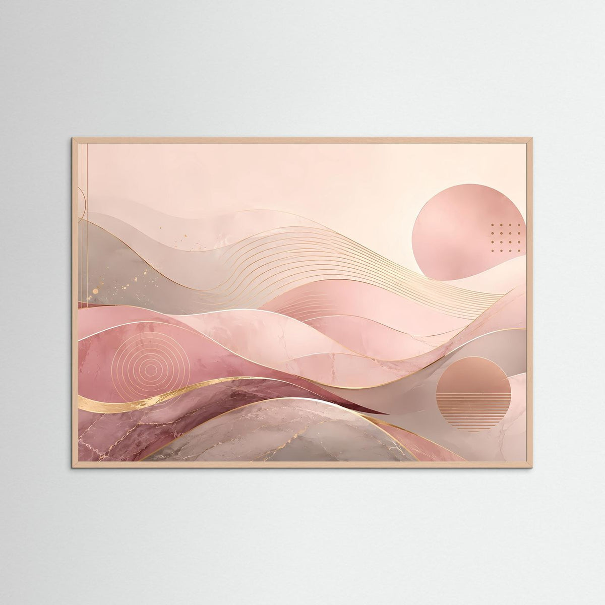 Abstraktes Wellen-Poster querformat mit rosa und Gold in rosafarbenem Holzrahmen