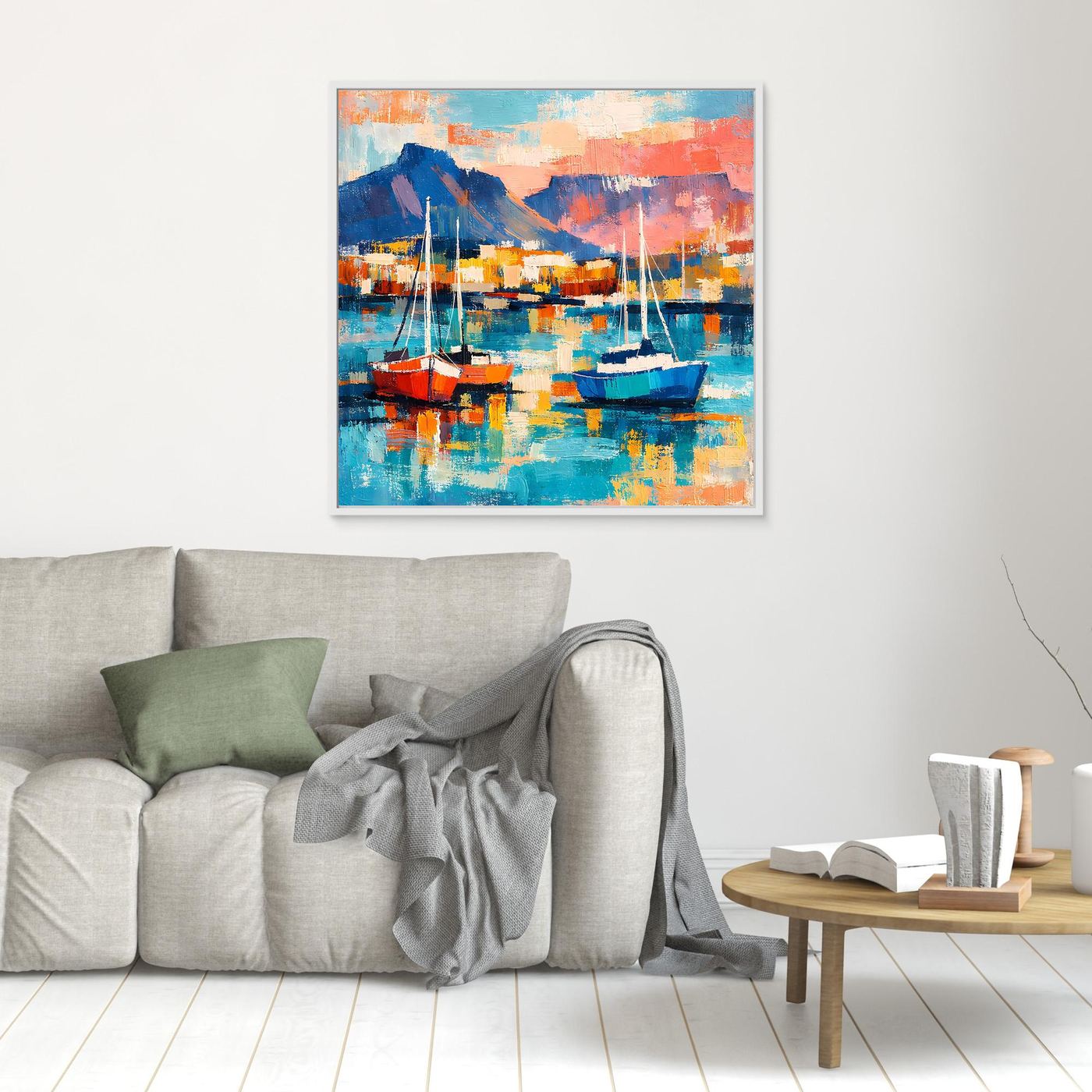 Leinwand-Wandbild mit abstraktem Hafenmotiv und Segelbooten, heller Rahmen