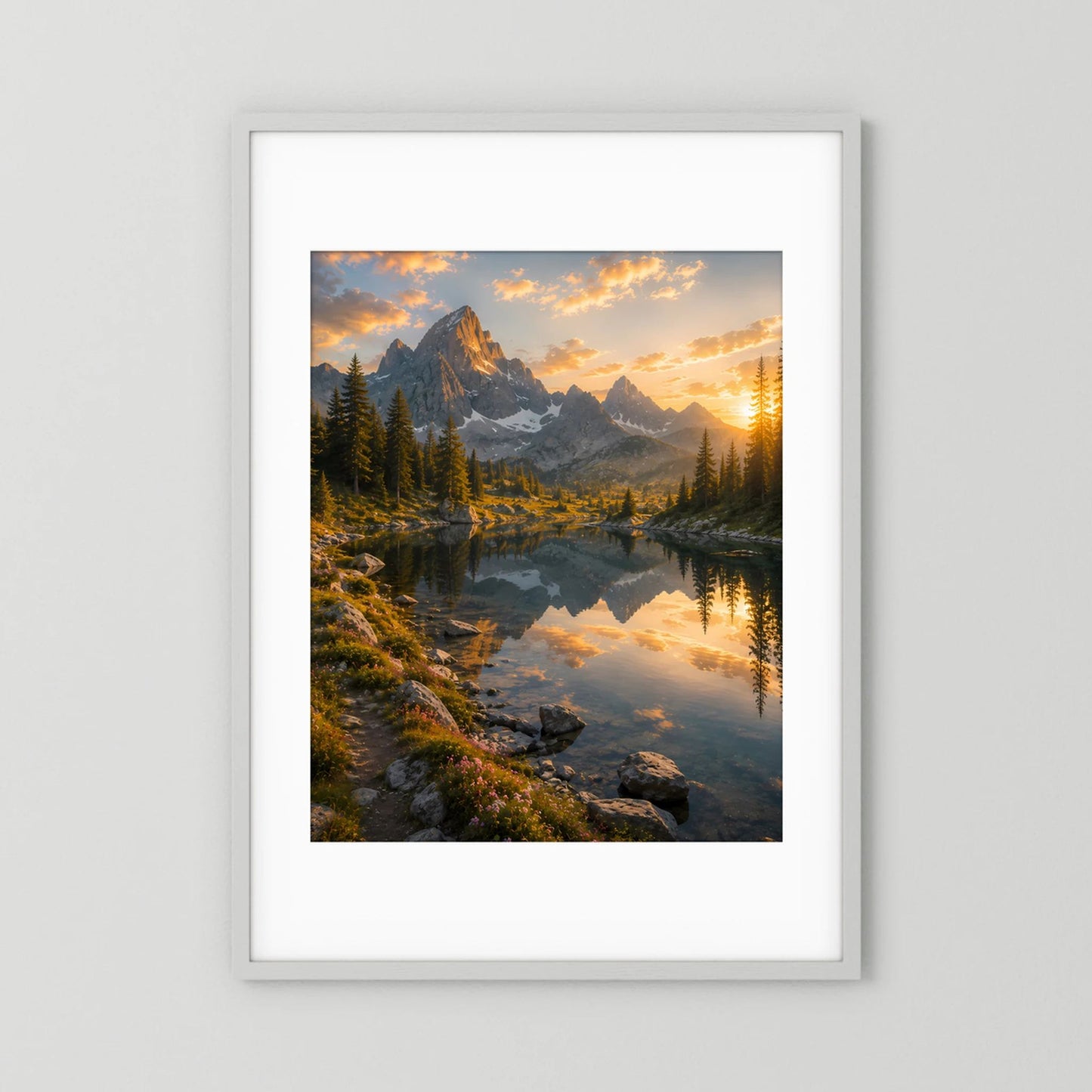 Bergsee bei Sonnenuntergang | Alpenpanorama mit Wasserspiegelung | Poster Hochformat