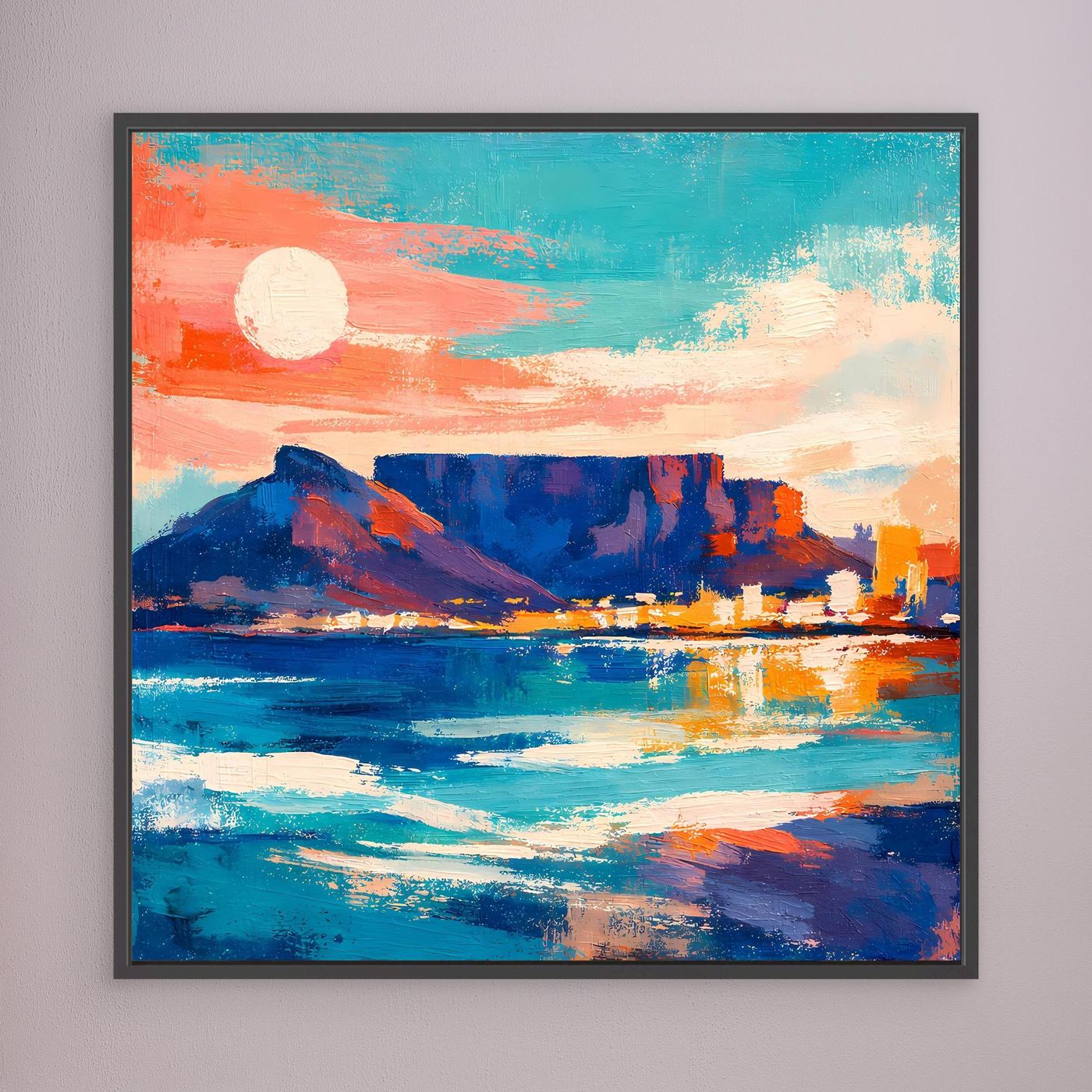 Abstraktes Leinwandbild: Küste mit Sonne, Meer, Berg und Stadt, dunkel gerahmt