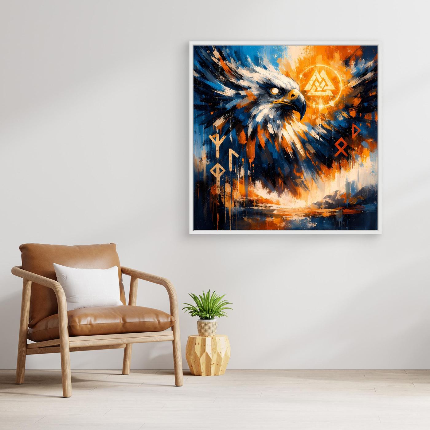 Gerahmtes Leinwandbild mit Adler-Motiv in Blau und Orange, Holzrahmen, Runensymbole.