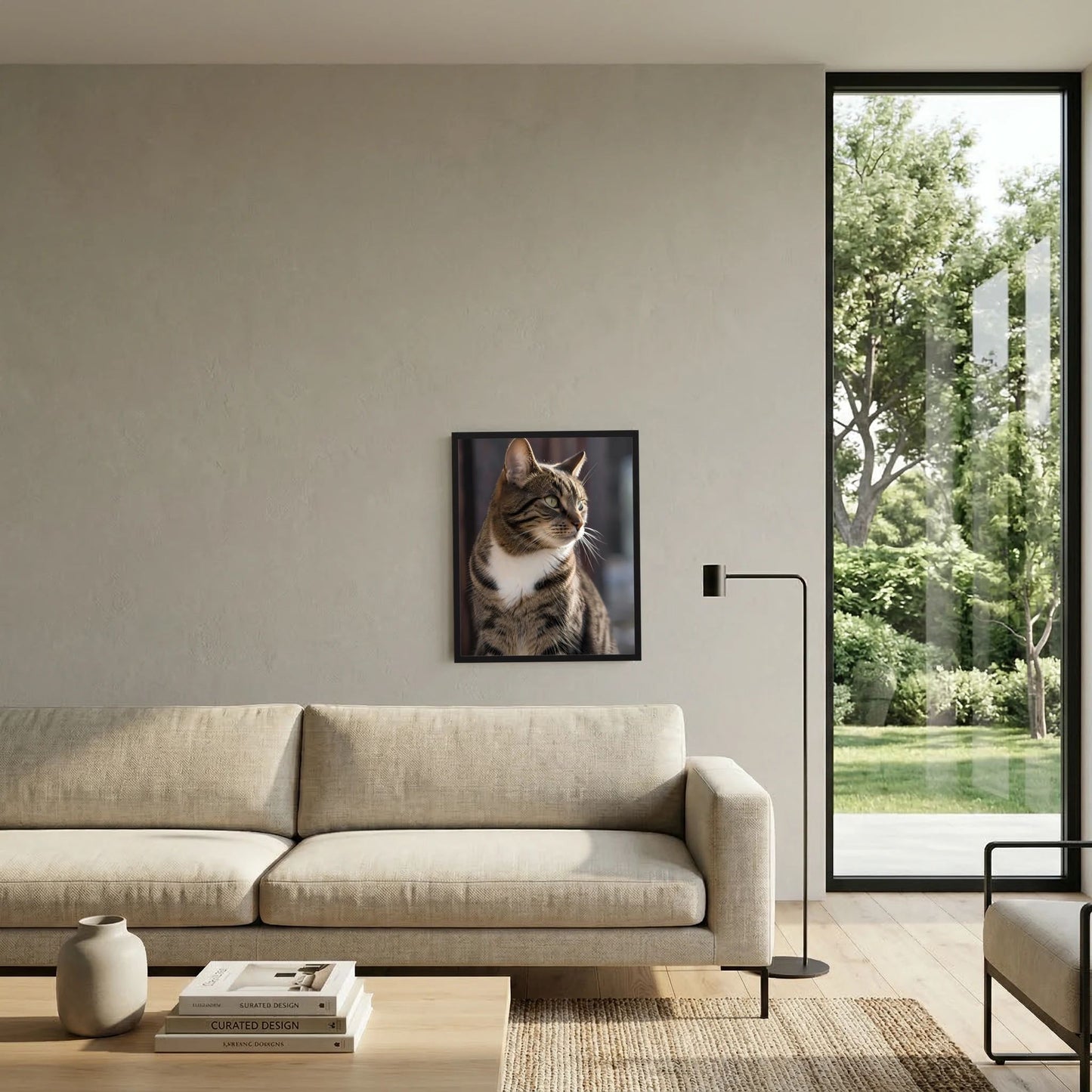 Gerahmtes Poster mit Porträt einer getigerten Katze, weißer Kinnbereich, grüne Augen