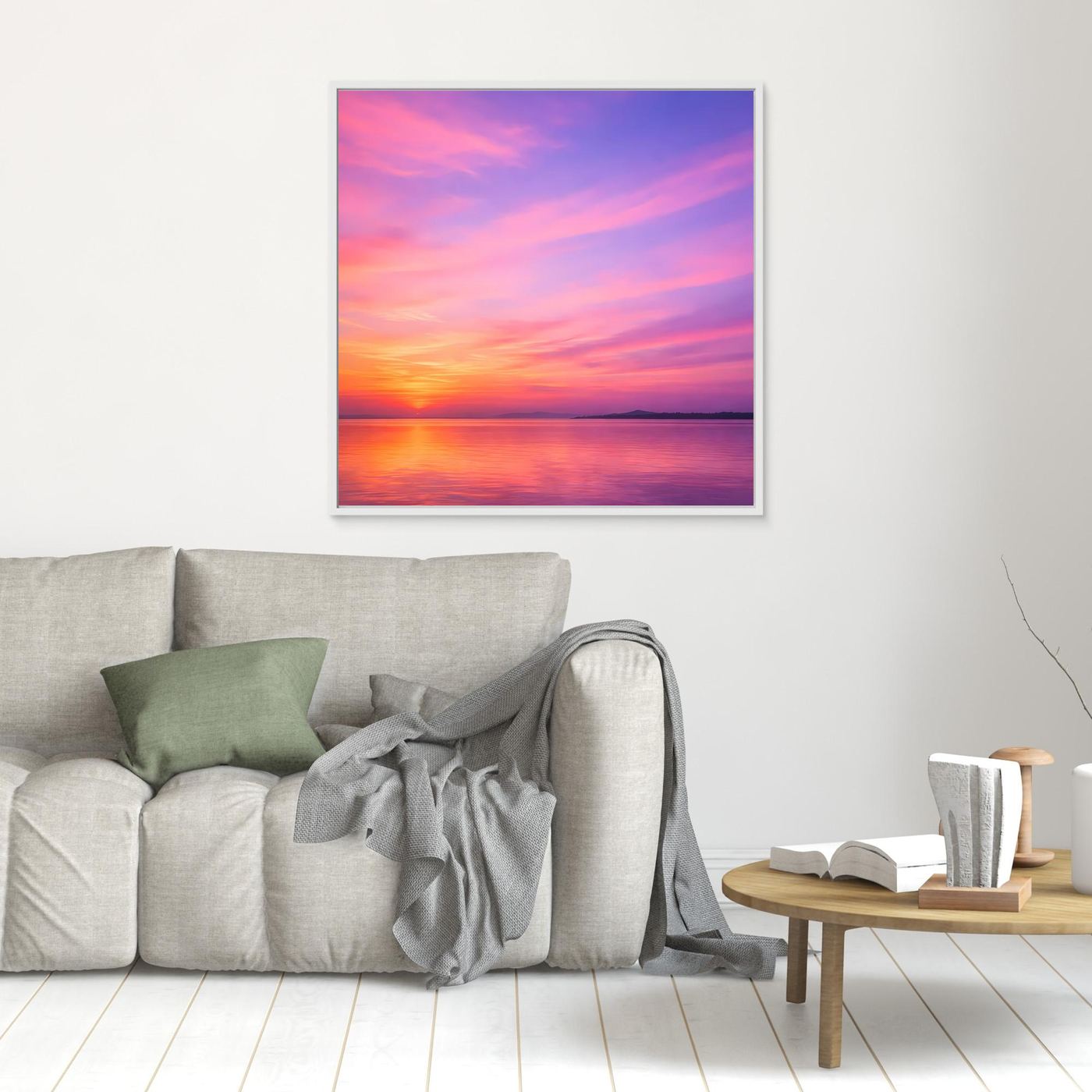 Leinwandbild mit Pastell-Sonnenuntergang am Meer, mit schmalem Rahmen