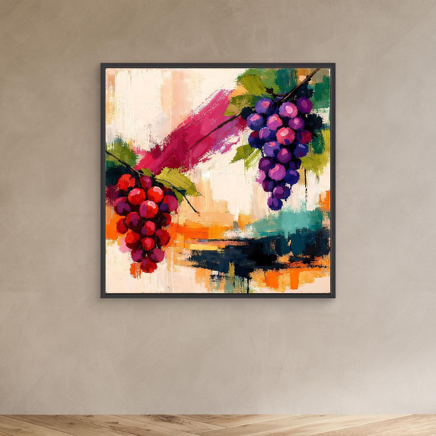 Small black-framed abstract grape still life canvas with red and purple grape clusters