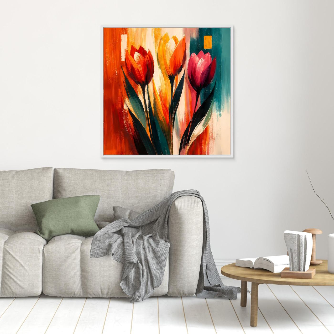 Leinwandbild mit abstrakten Tulpen in Rot, Orange, Gelb und Türkis, weiß gerahmt