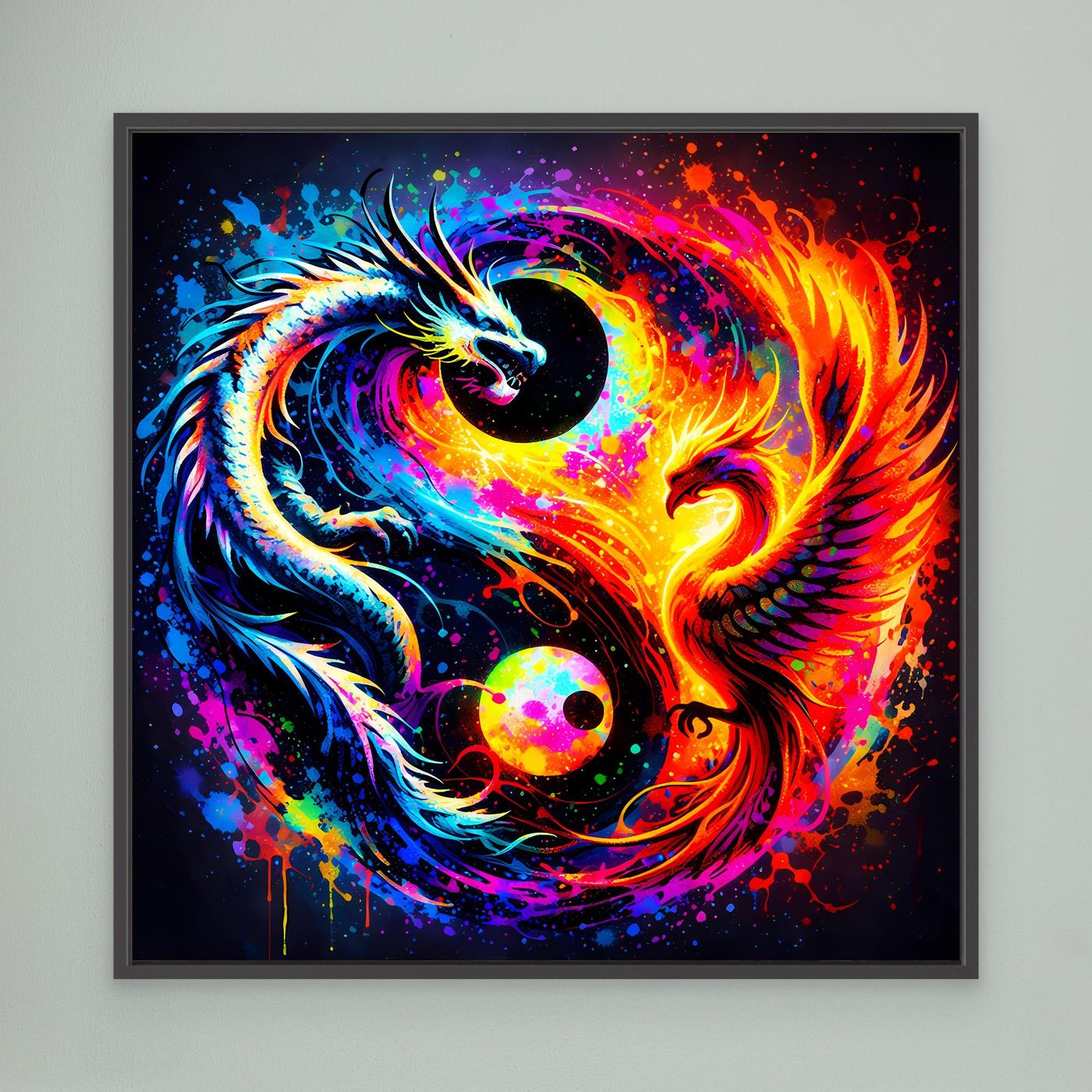 Gerahmtes Leinwandbild mit Drachen- und Phönix-Motiv im Yin-Yang, schwarzer Rahmen